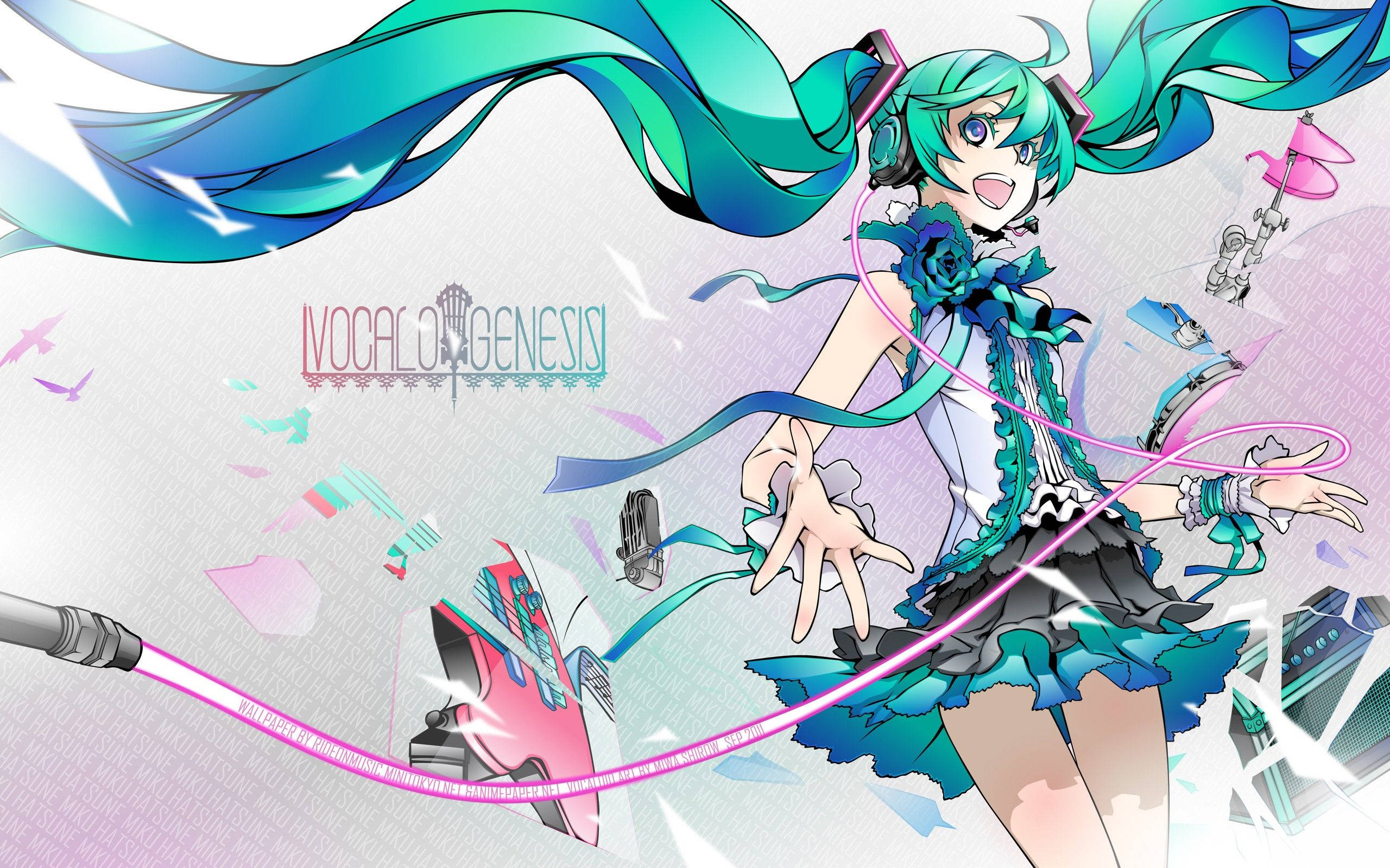 miku 桌布 壁紙 — 動漫角色初音未來，擁有藍綠色雙馬尾和未來風格服裝，被漂浮的科技元素和粉紅色能量光束包圍。