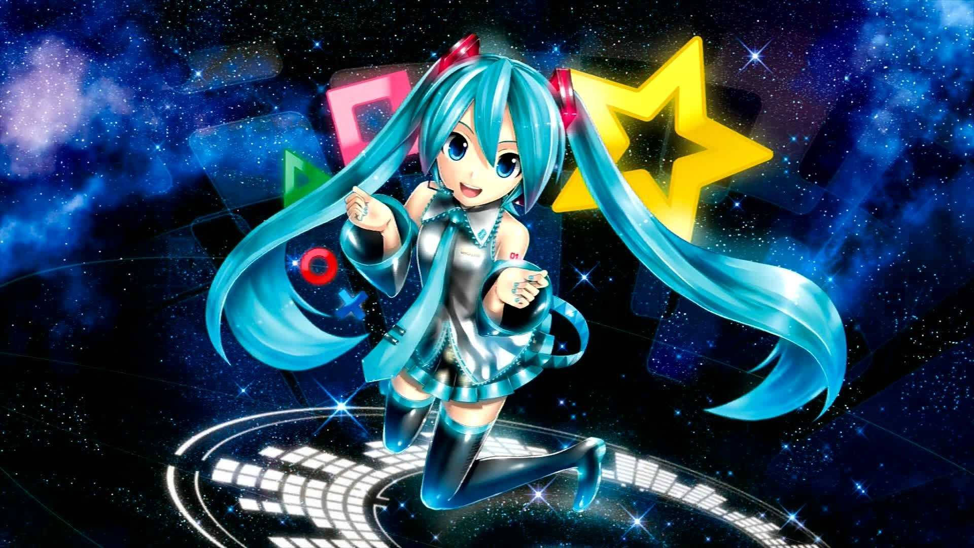 Vocaloid 桌布 壁紙 — 動漫角色初音未來在星光燦爛的宇宙天空下，在帶有彩色幾何形狀的發光舞台上跳舞。