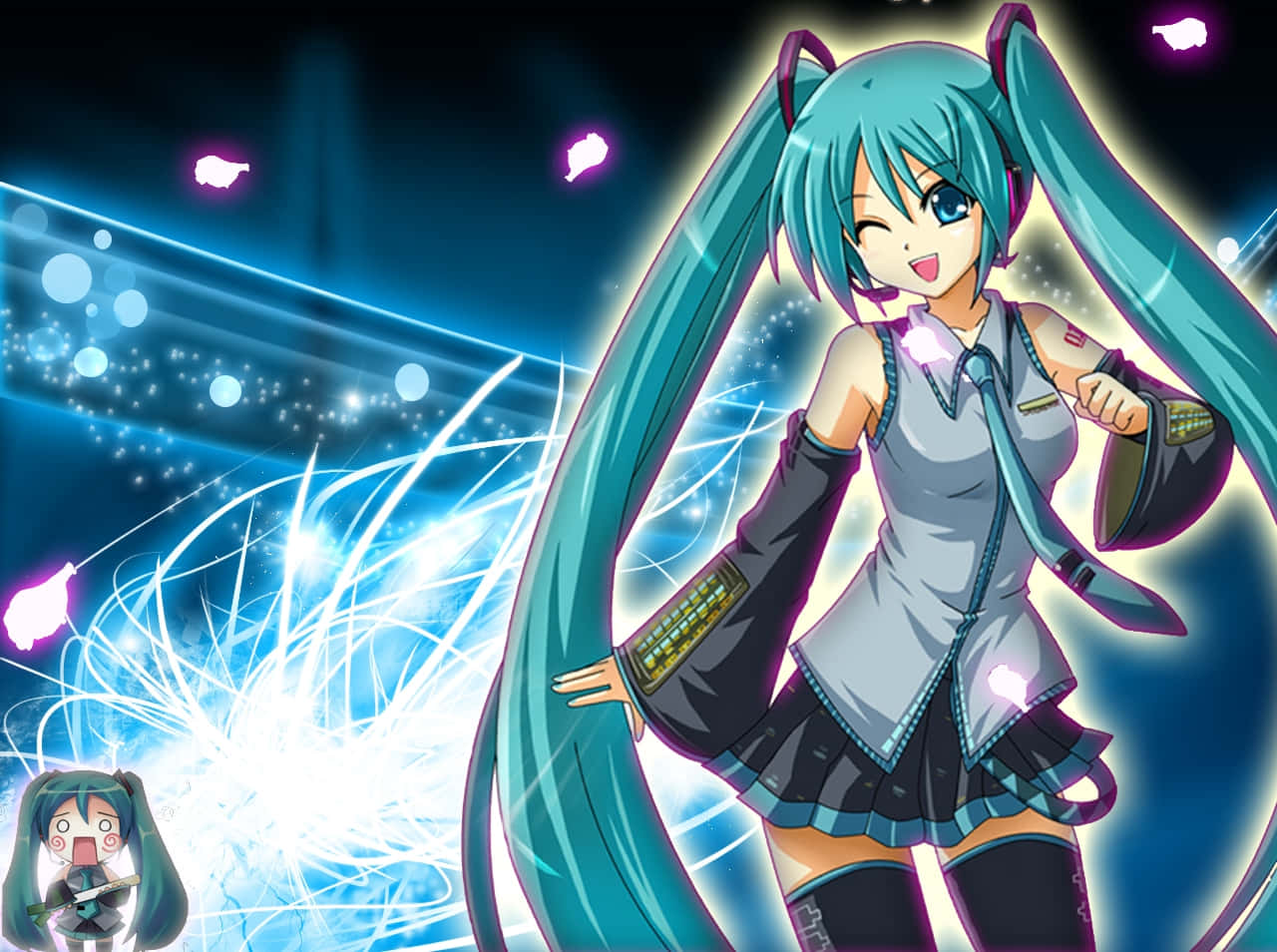 初音未來 桌布 壁紙 — 動漫角色初音未來擁有藍綠色雙馬尾，在閃爍藍紫色舞台背景和光線條中充滿活力地跳舞。