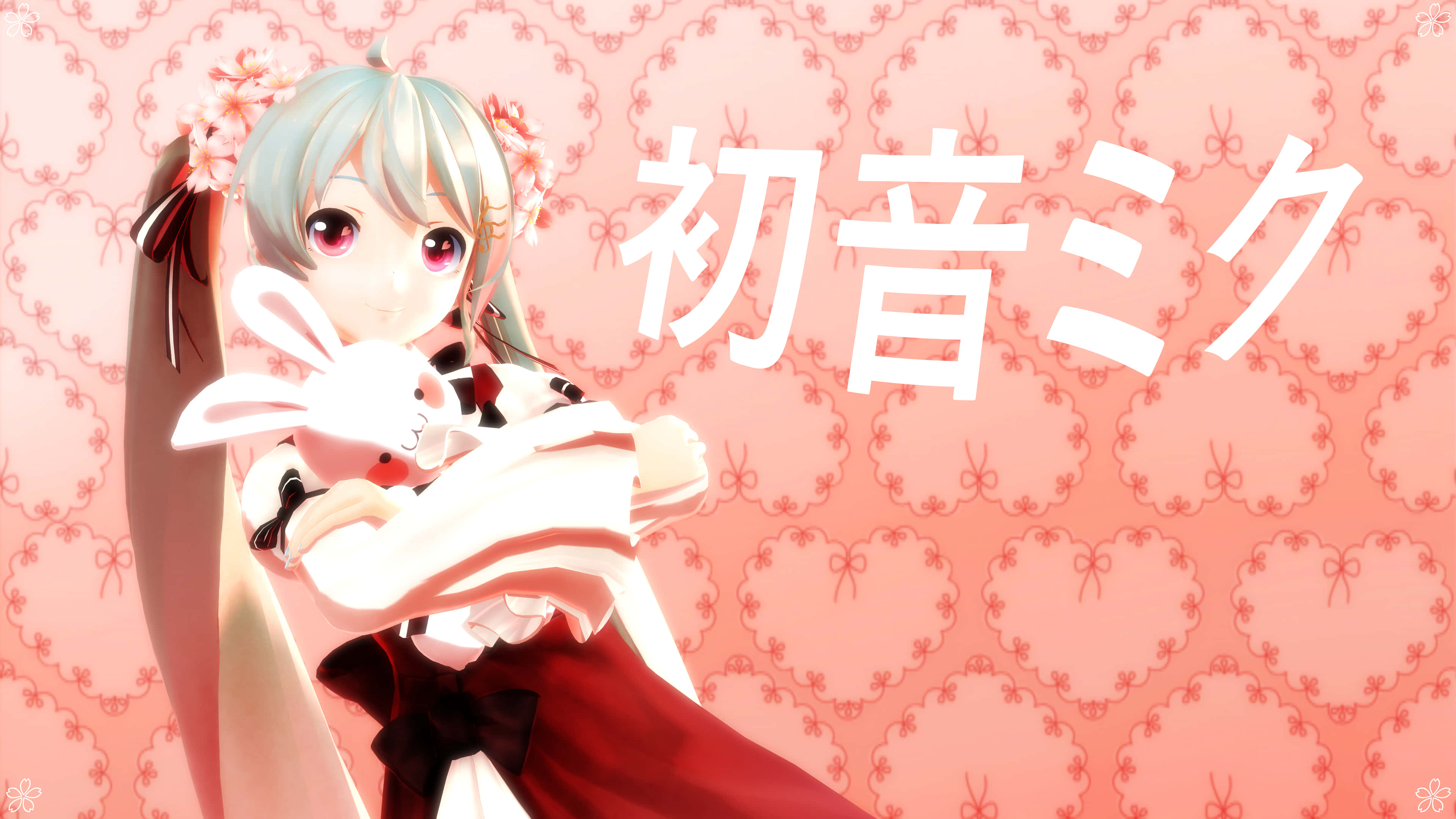 初音未來 桌布 壁紙 — 動漫角色初音未來穿著紅色連衣裙，在粉紅色花卉壁紙背景前抱著一隻白色兔子毛絨玩具。