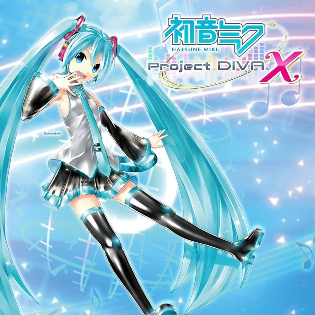 初音未來 桌布 壁紙 — 動漫角色初音未來穿著銀色和黑色服裝，在發光的藍色音樂背景下動感起舞。