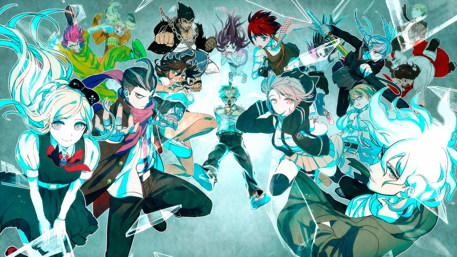 Danganronpa 桌布 壁紙 — 動漫角色動態十足，頭髮和武器發光，衝破碎玻璃，背景為冷藍色。