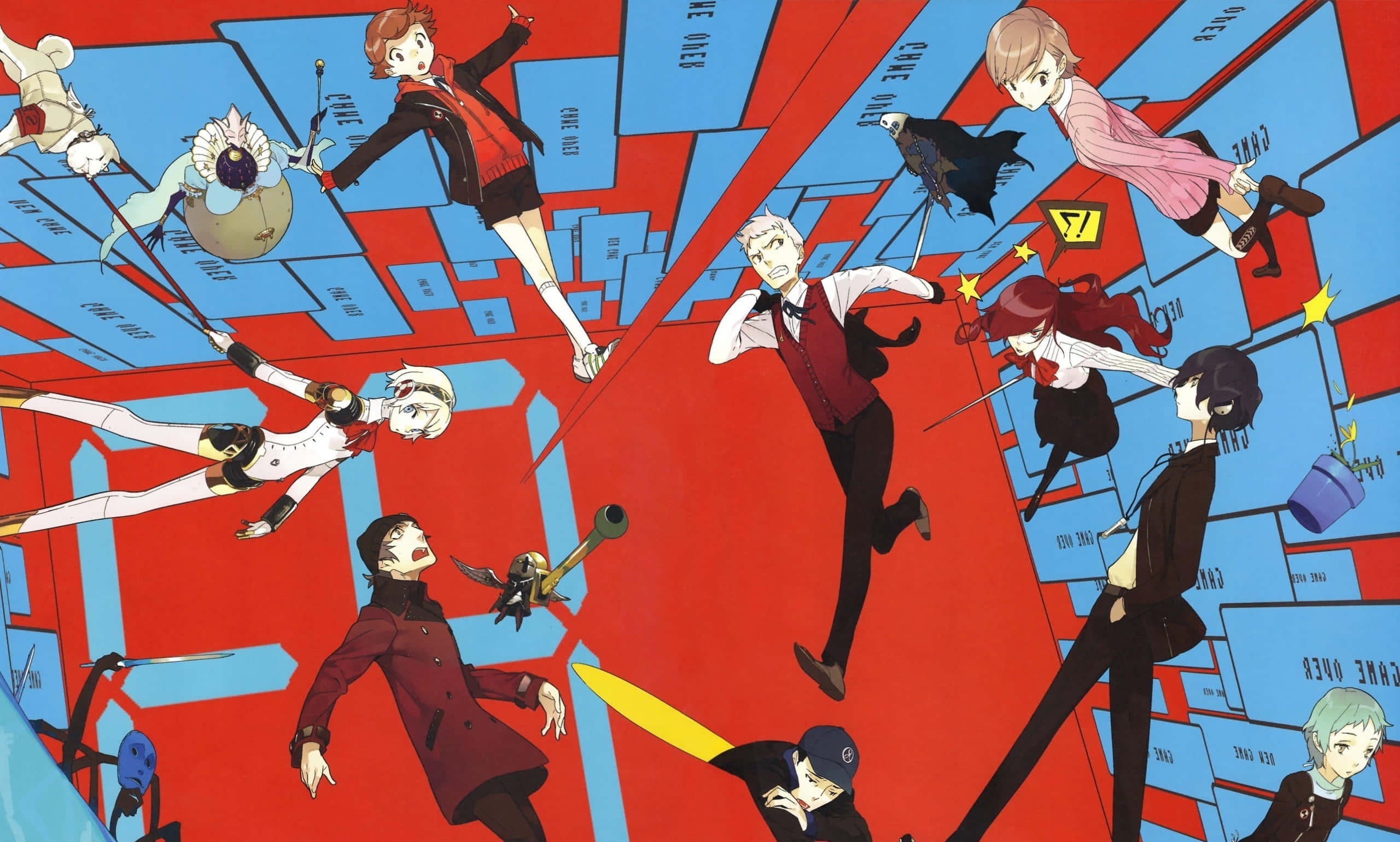 Persona 5 桌布 壁紙 — 動漫角色動態地跳躍過風格化的紅藍城市景觀，帶有浮動文字和武器。
