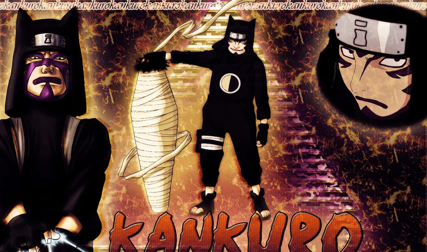 Kankuro 桌布 壁紙 — 動漫角色勘九郎以動態姿勢站立，手持傀儡和面具，背景是熾熱的橙色和紫色。