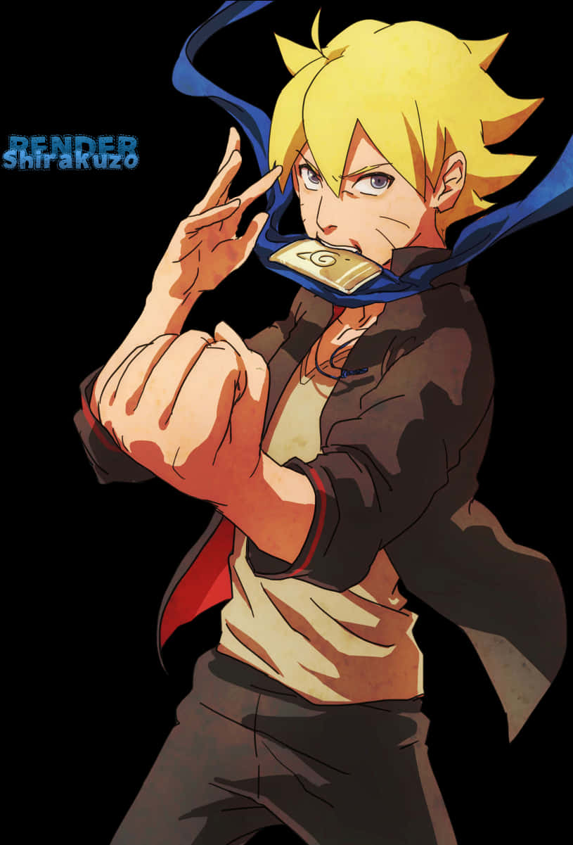 Boruto And Naruto 桌布 壁紙 — 動漫角色博人在動態姿勢中，金髮和藍色圍巾，黑色背景。