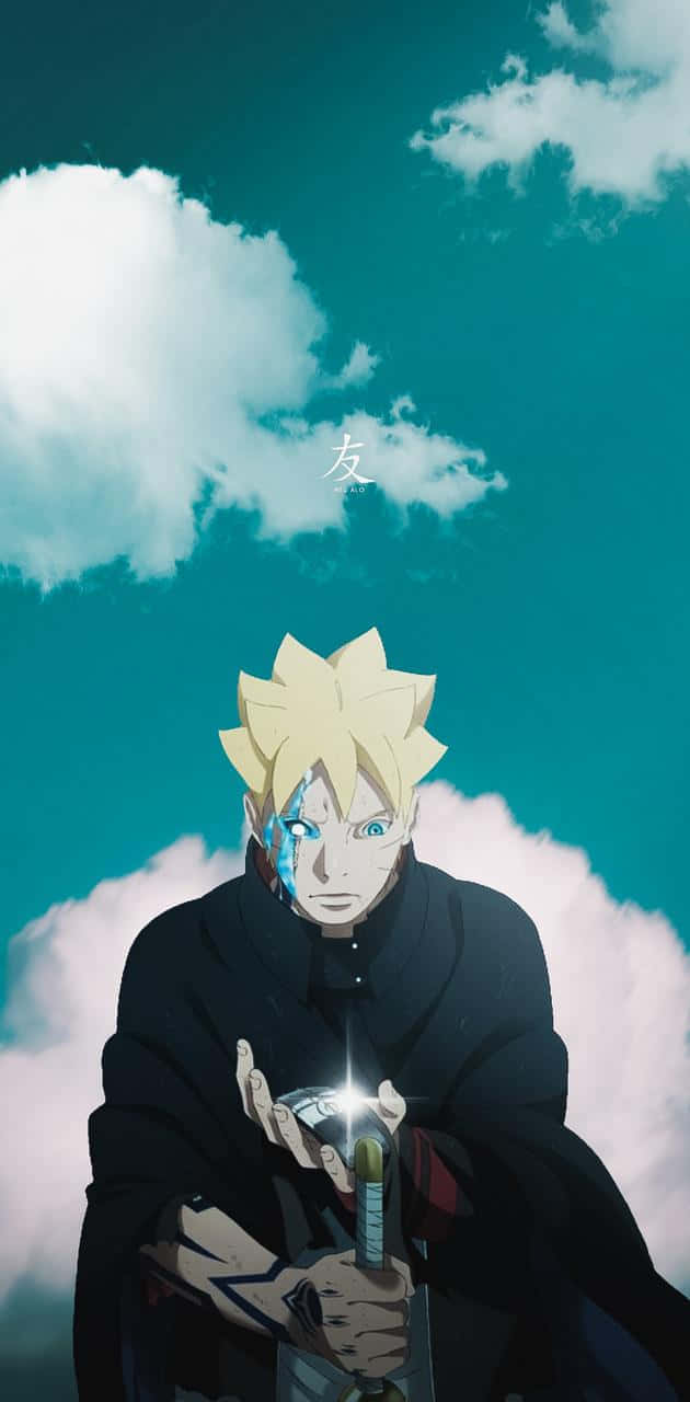 動漫 桌布 壁紙 — 動漫角色博人站在青藍色的天空下，有白雲，手持發光的劍，上方有一個漢字符號。