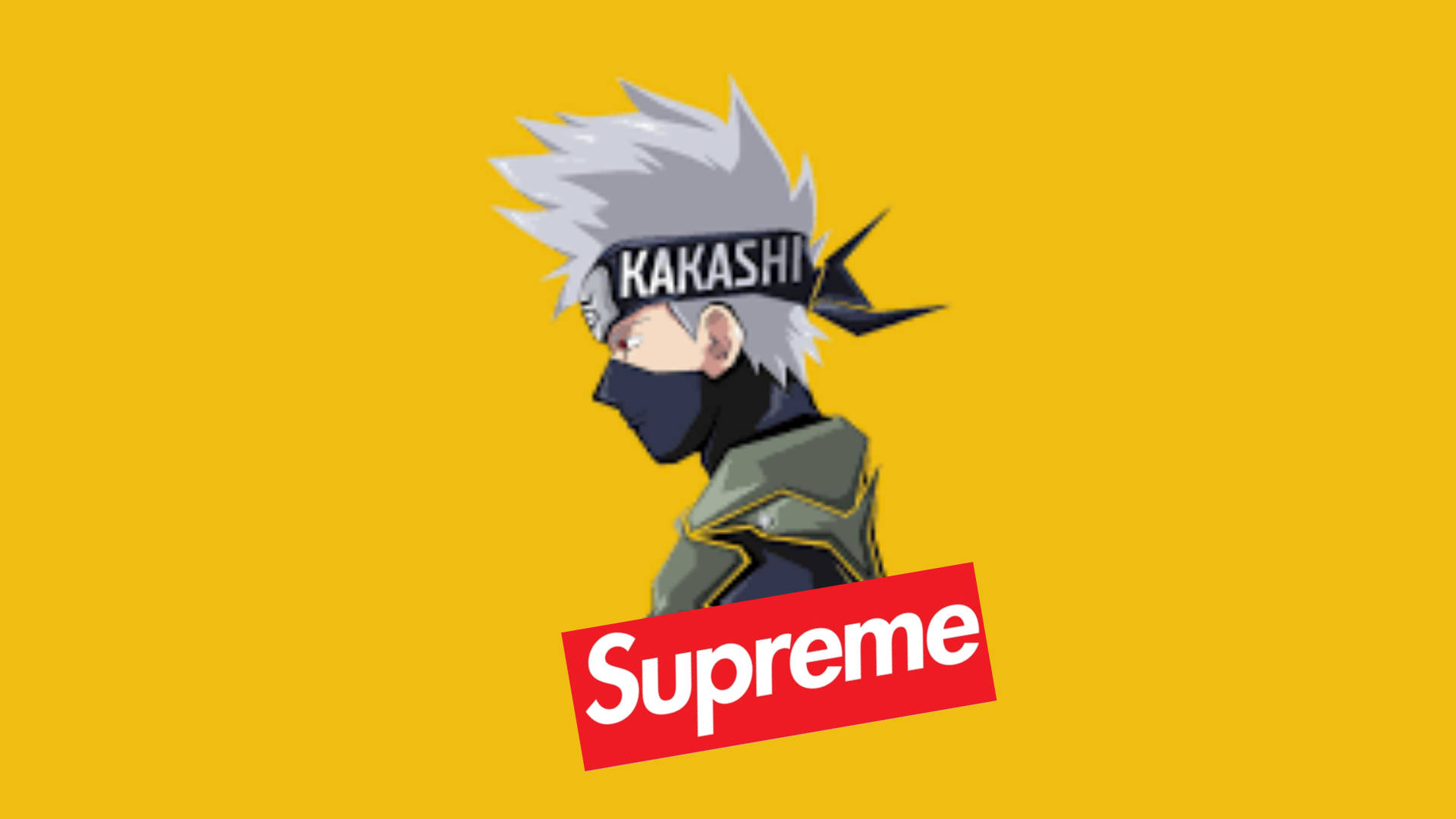 supreme 桌布 壁紙 — 動漫角色卡卡西側面，背景為純黃色，下方有紅色Supreme標誌。