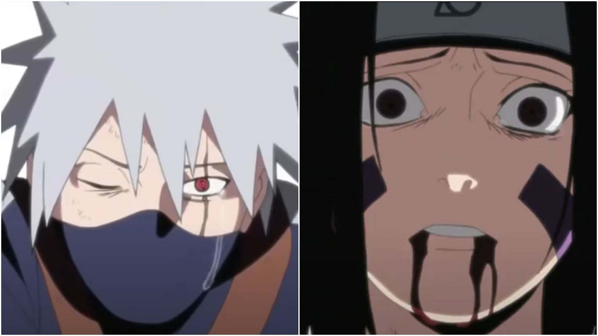 Kakashi And Rin 桌布 壁紙 — 動漫角色卡卡西戴著面具和紅眼睛，旁邊是一個震驚的忍者，嘴裡滴著血。