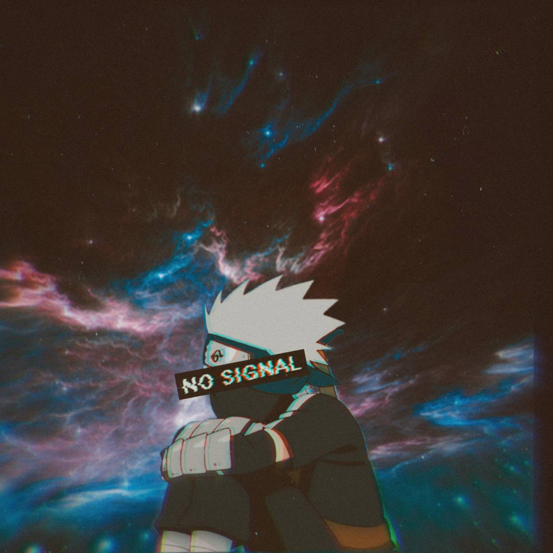 kakashi pfp 桌布 壁紙 — 動漫角色卡卡西站在一個有發光藍色和粉紅色雲朵及星星的宇宙星雲中，手持一個「NO SIGNAL」標誌。