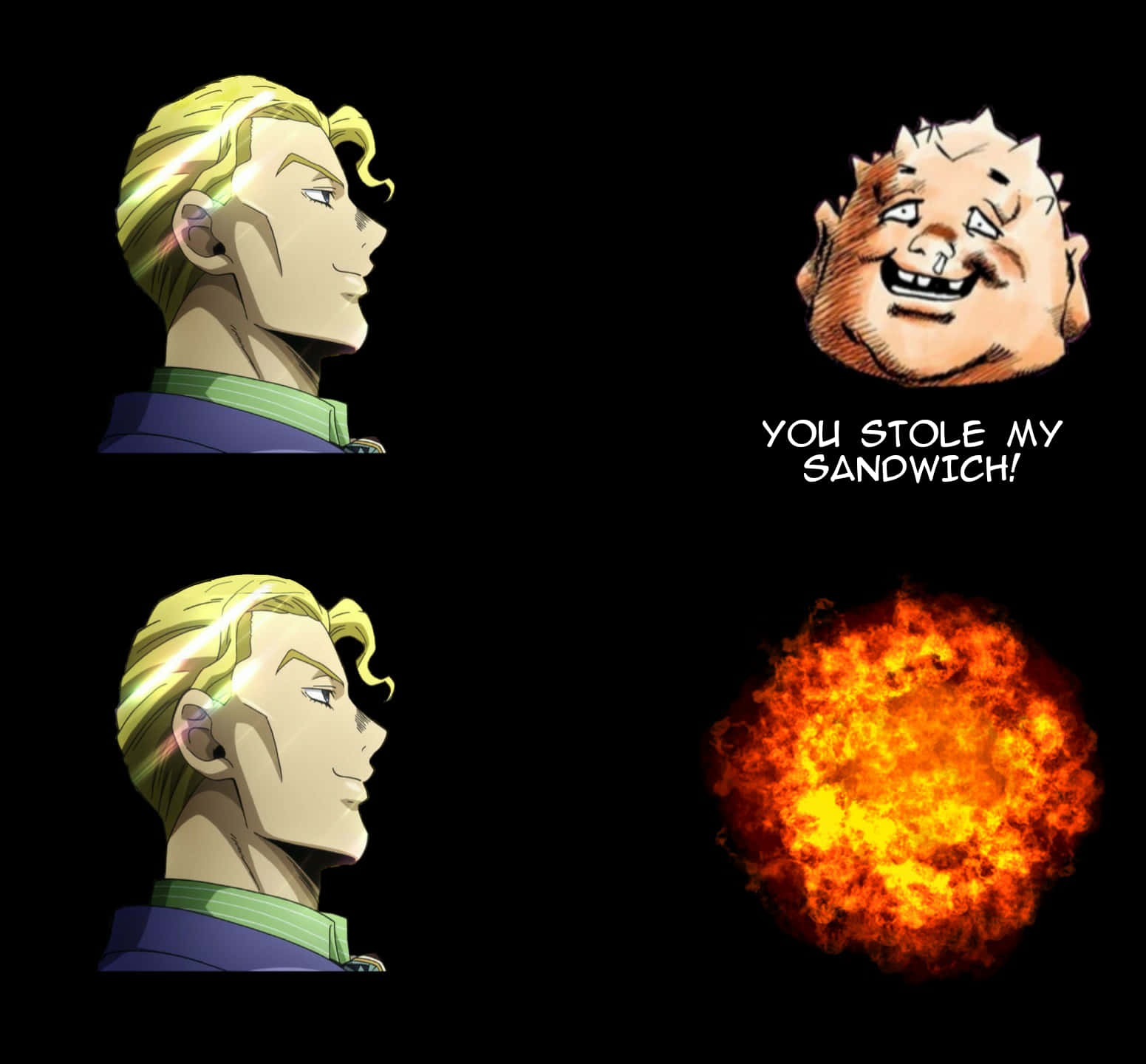 Jojo Meme 桌布 壁紙 — 動漫角色咧嘴笑，一個頭髮尖尖的男人大喊三明治被偷，隨後發生猛烈爆炸。