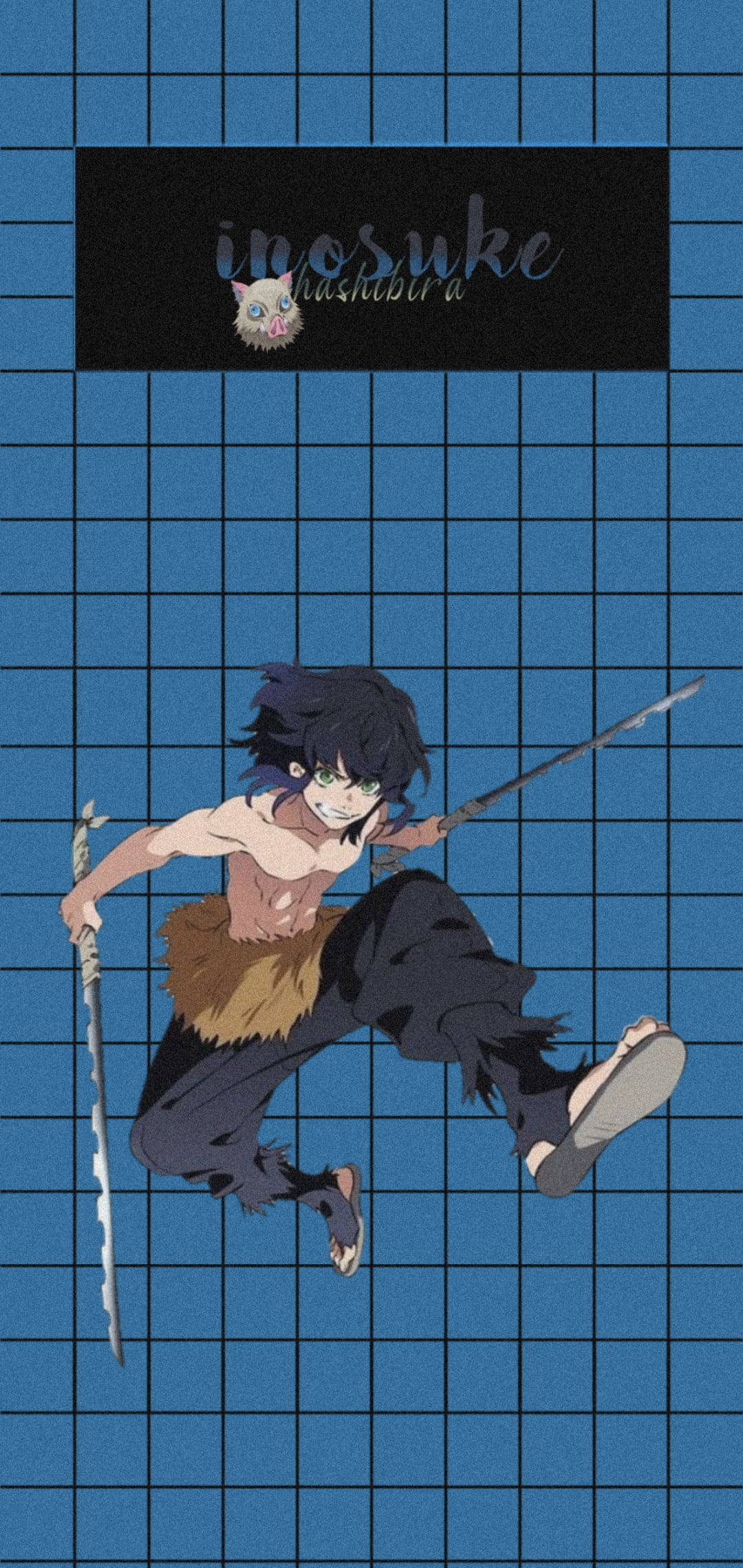 Demon Slayer Aesthetic 桌布 壁紙 — 動漫角色嘴平伊之助在藍色網格背景上動態跳躍，手持兩把劍。
