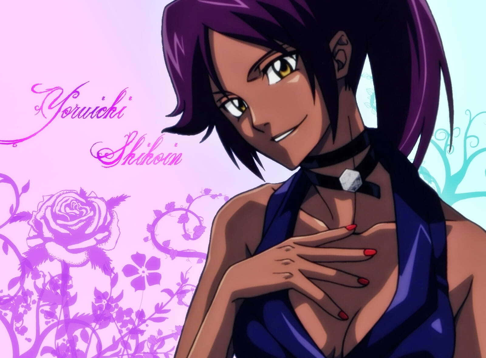 Yoruichi Shihoin 桌布 壁紙 — 動漫角色四楓院夜一，紫色頭髮和黃色眼睛，在花卉粉紅色背景前自信地微笑。