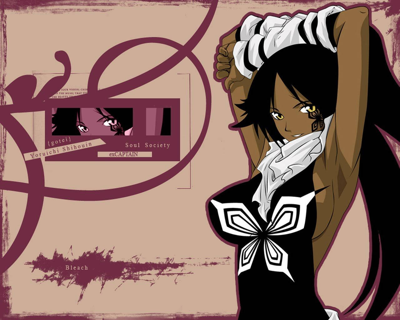 Yoruichi 桌布 壁紙 — 動漫角色四楓院夜一穿著尸魂界制服，在帶有漫畫風格文字元素的時尚紫色和米色背景前動態擺姿勢。