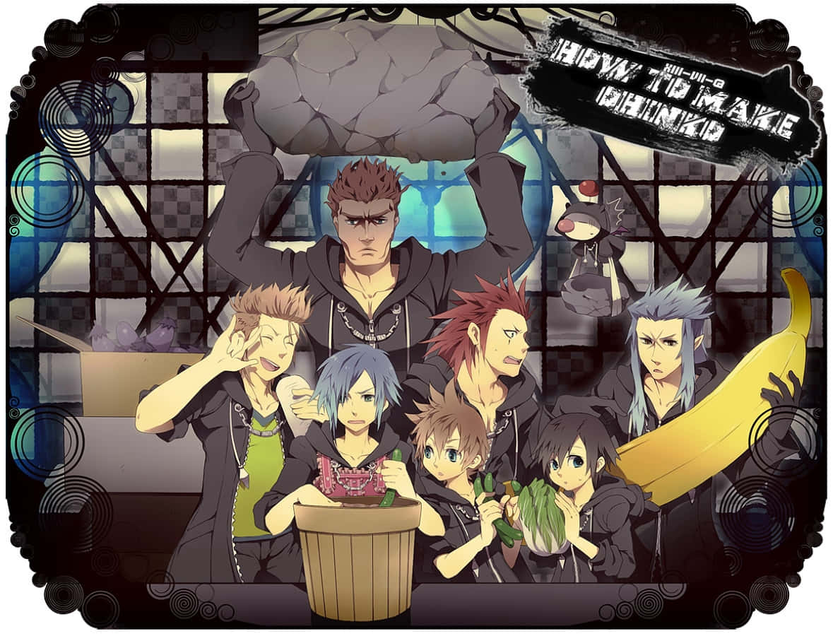 Kingdom Hearts Organization 13 桌布 壁紙 — 動漫角色圍著一桶紅豆湯，一人舉起巨石，另一人拿著巨型香蕉。