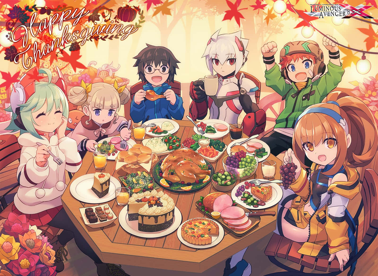 Thanksgiving Desktop 桌布 壁紙 — 動漫角色在串燈下圍繞著擺滿火雞蛋糕和秋葉的桌子慶祝感恩節。