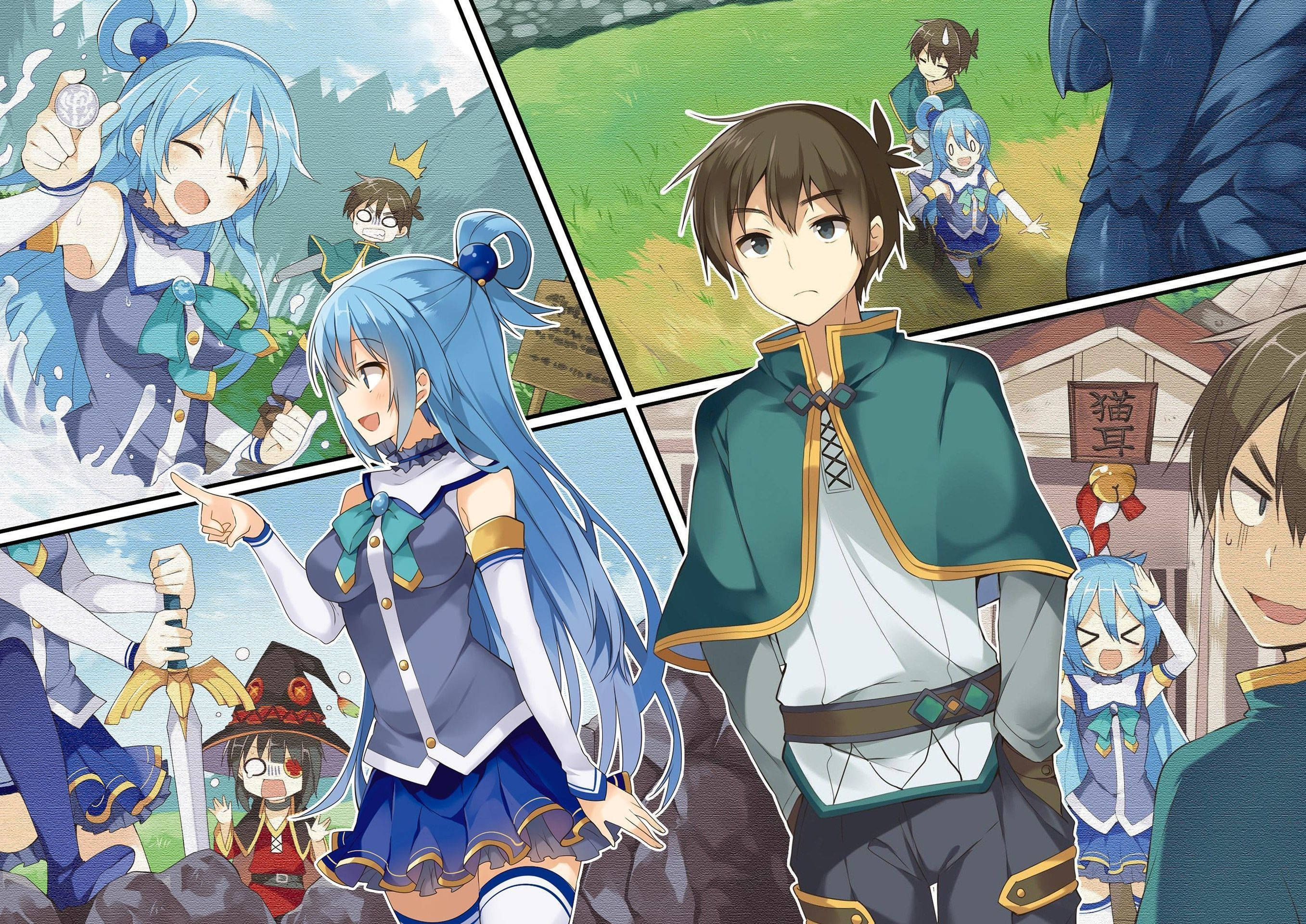 Konosuba 桌布 壁紙 — 動漫角色在充滿活力的場景中，包括一個藍髮女孩拿著劍和一個穿著綠色斗篷的男孩。