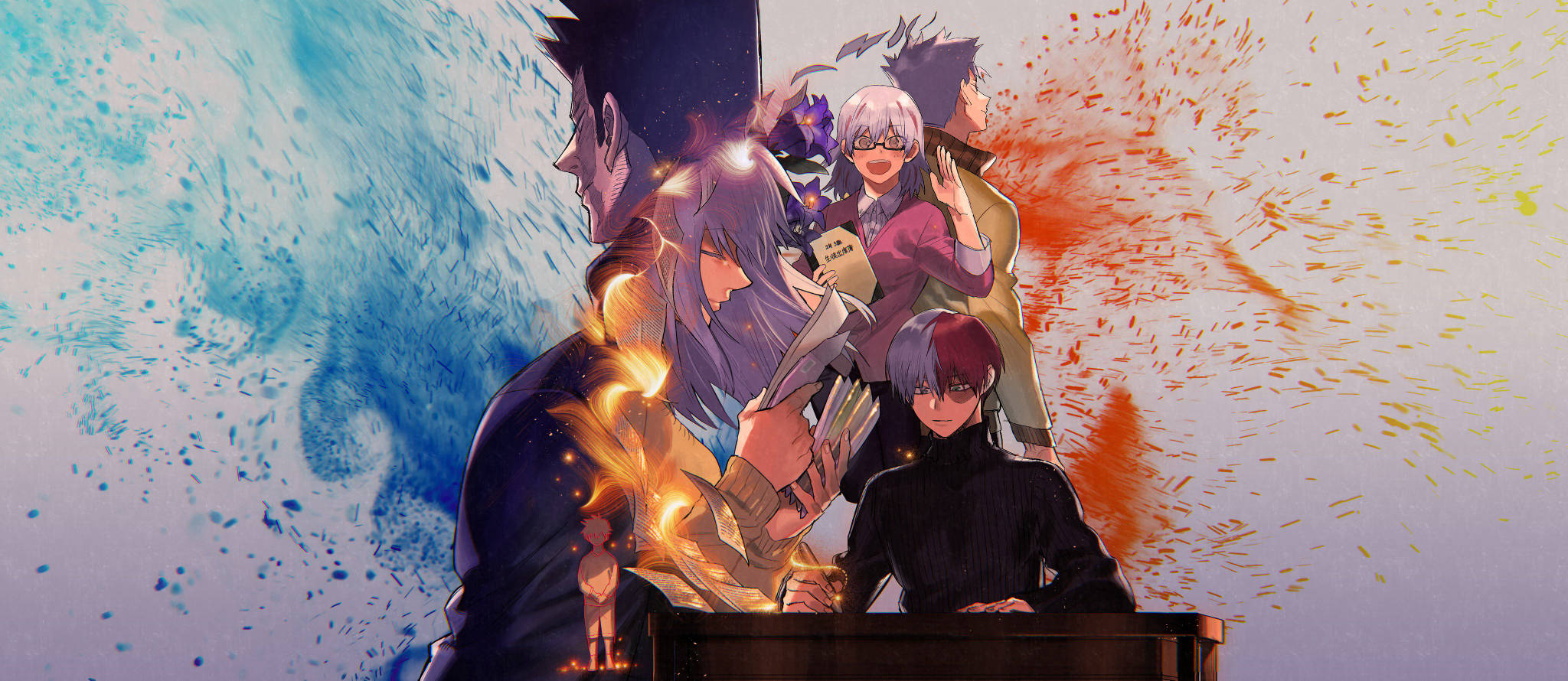 todoroki family 桌布 壁紙 — 動漫角色在充滿活力的抽象背景下，以熾熱和冰冷的能量爆發碰撞。