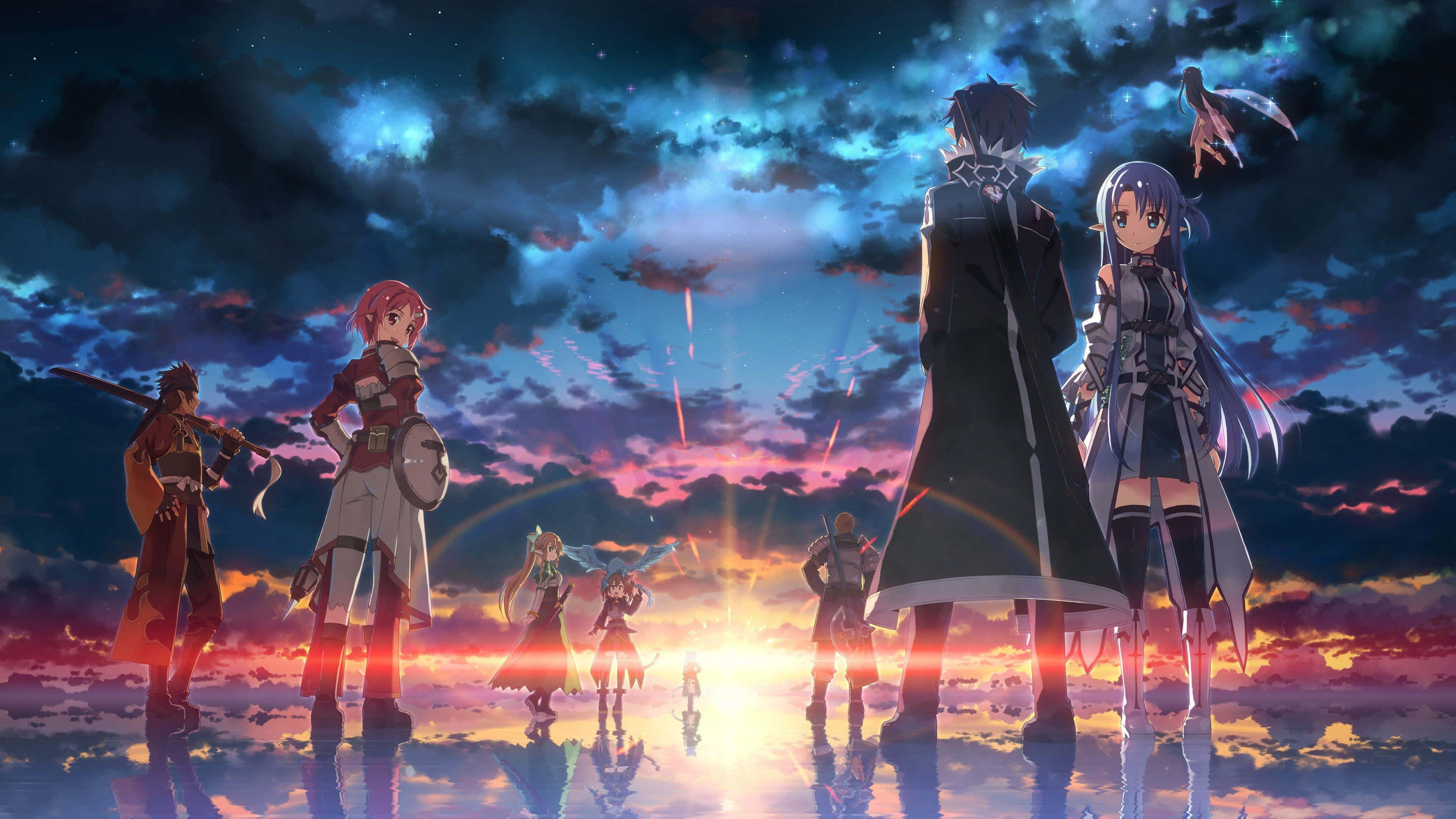 Kirito 桌布 壁紙 — 動漫角色在充滿活力的日落天空下以剪影站立，天空中有發光的雲朵和濕地上的倒影。