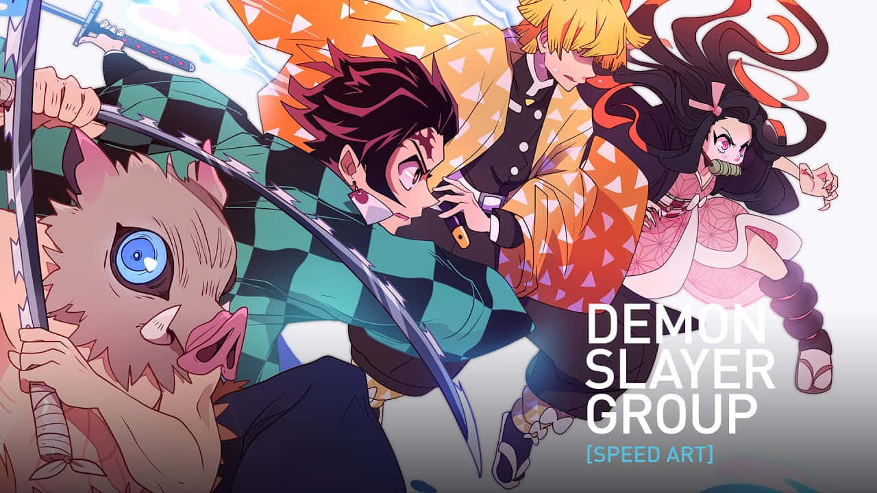 Demon Slayer Group 桌布 壁紙 — 動漫角色在充滿活力的橙色和藍綠色背景下拔劍動態戰鬥。