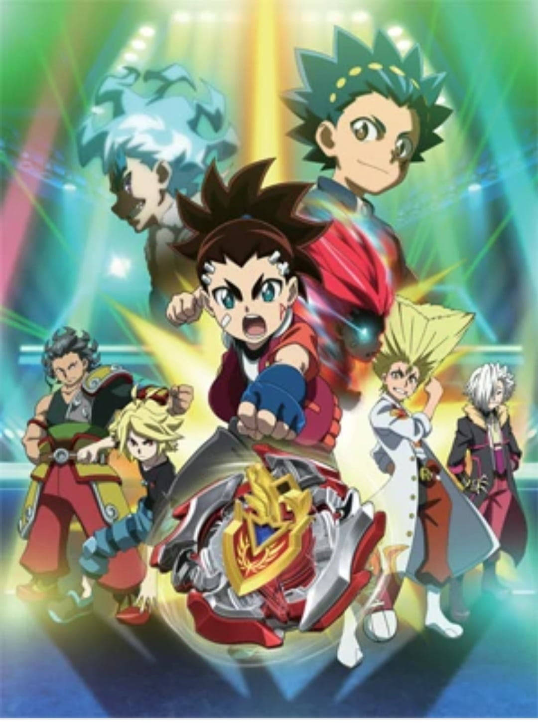 Beyblade 桌布 壁紙 — 動漫角色在充滿活力的舞台燈光下，圍繞著發光的戰鬥陀螺擺出動態姿勢。