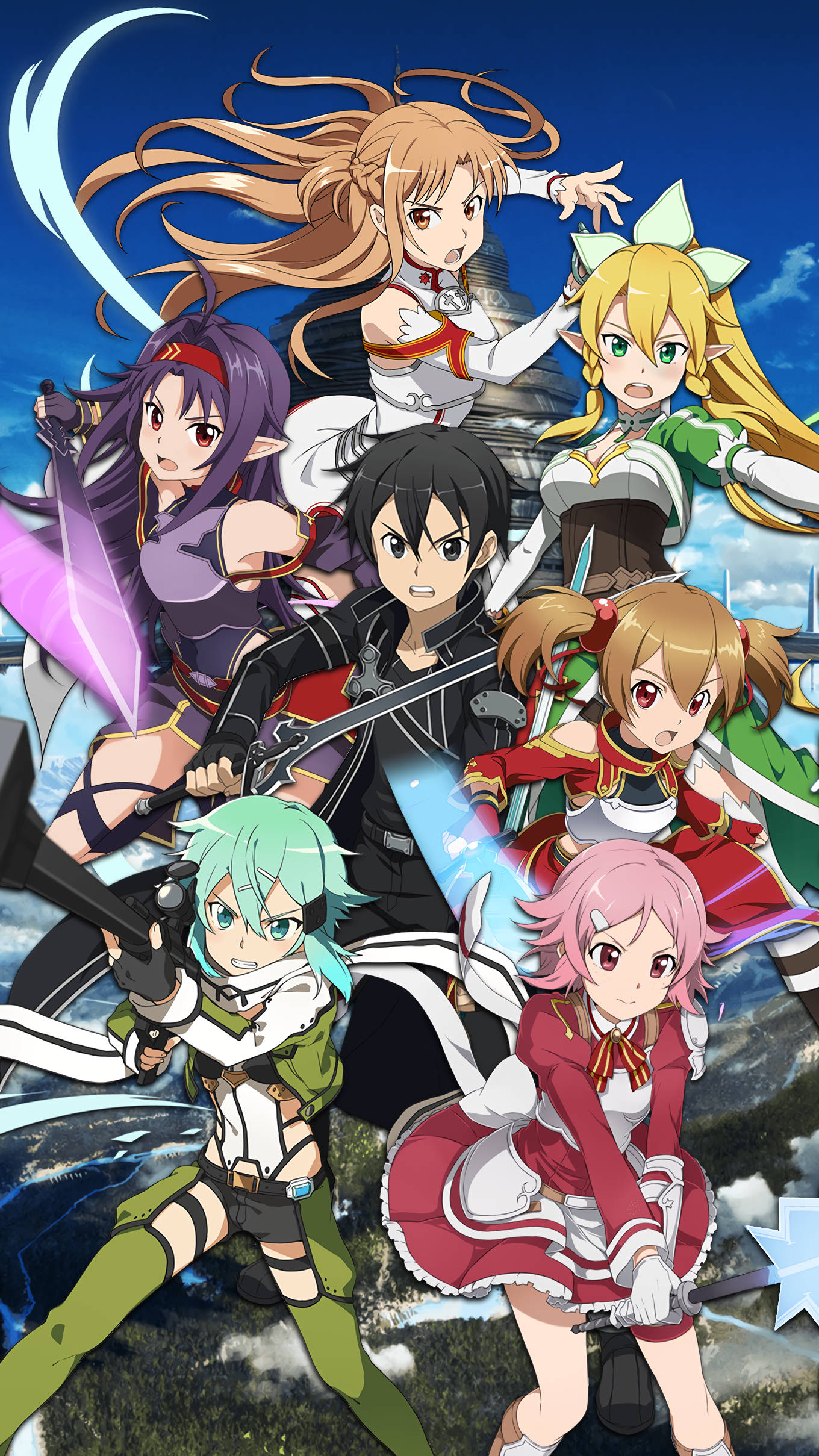 Kirito 桌布 壁紙 — 動漫角色在充滿活力的藍天下擺出戰鬥姿勢，帶有能量效果。
