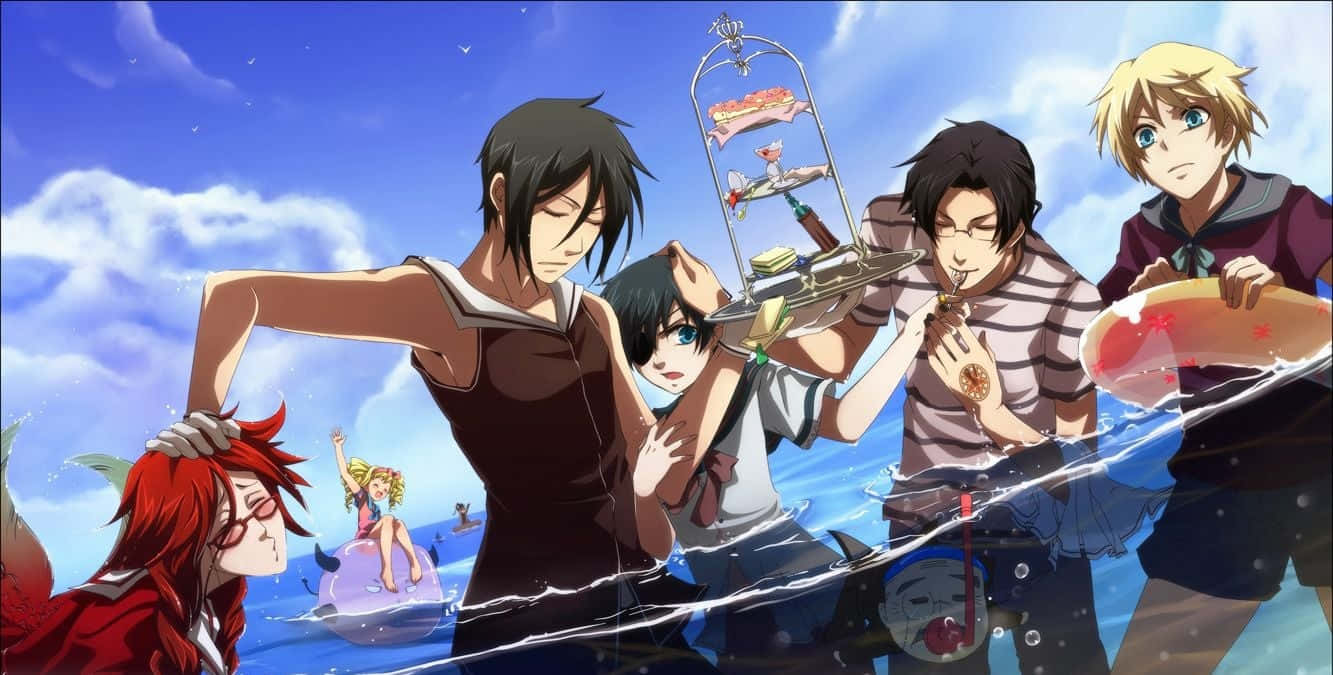 Black Butler 桌布 壁紙 — 動漫角色在充滿活力的藍色海邊享受奇思妙想的海邊茶會，有漂浮的美食和頑皮的海豚。