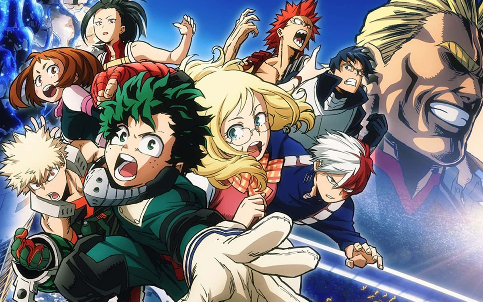 My Hero Academia Anime 桌布 壁紙 — 動漫角色在充滿活力的藍色背景下擺出動態動作姿勢，帶有發光的能量效果。