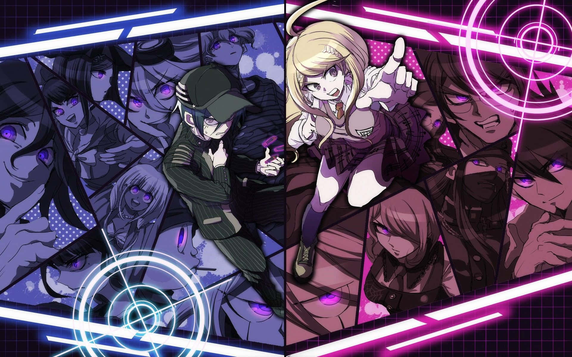 Danganronpa 桌布 壁紙 — 動漫角色在分屏的賽博龐克場景中，帶有霓虹燈光和瞄準準星。