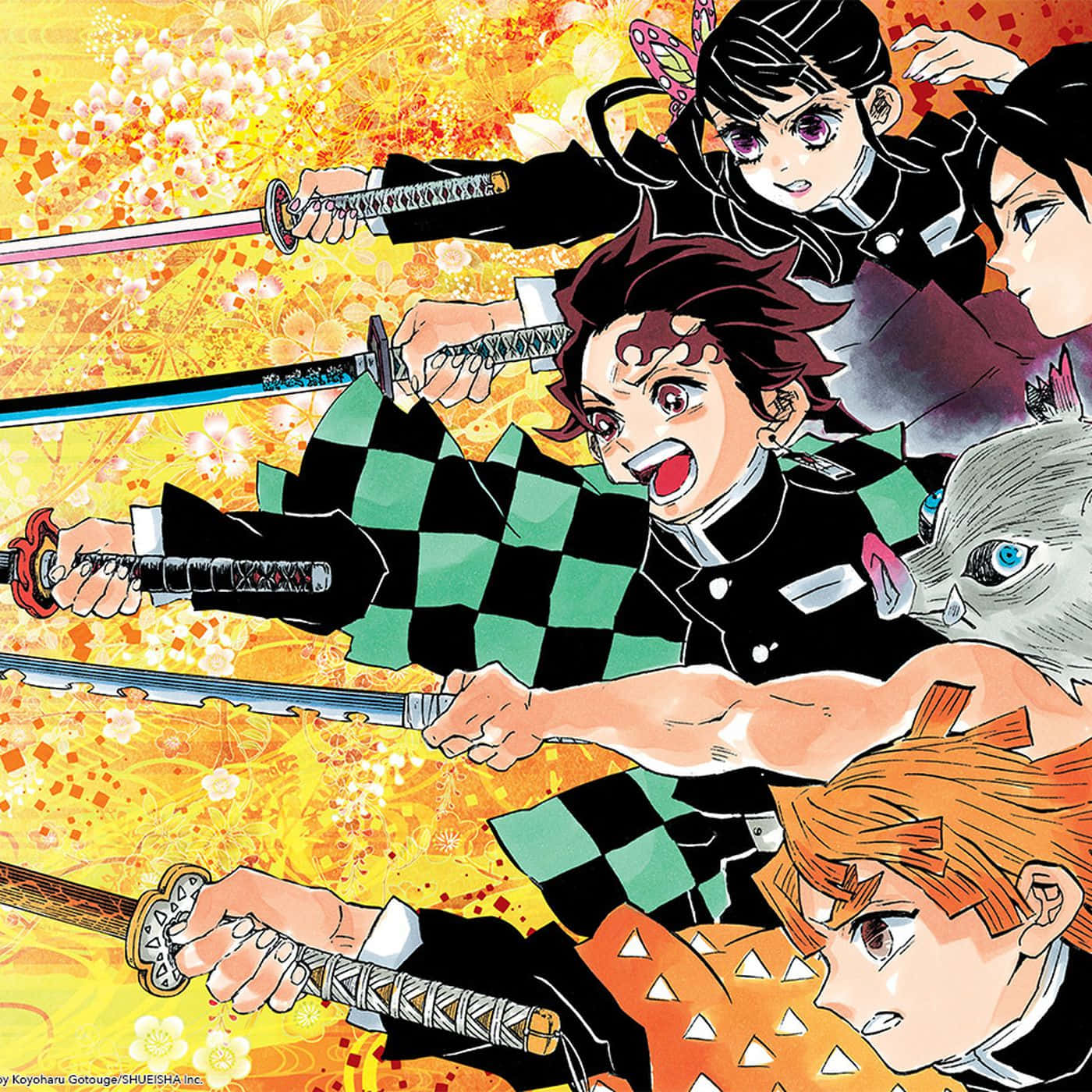 Demon Slayer Manga 桌布 壁紙 — 動漫角色在動態戰鬥姿勢中揮舞劍，背景是火熱的金色和櫻花。