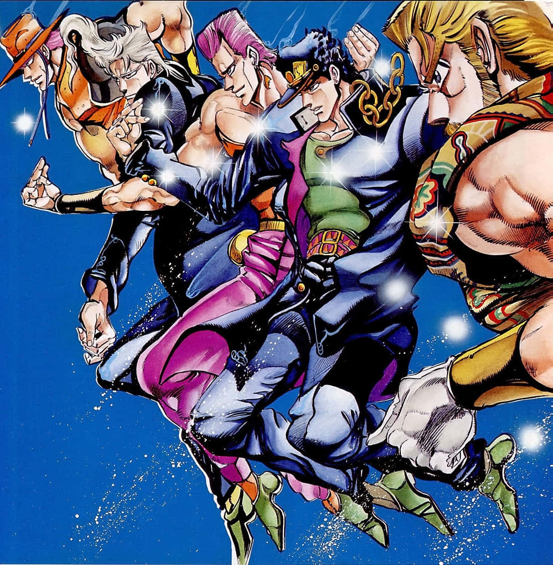 Jean Pierre Polnareff 桌布 壁紙 — 動漫角色在半空中戰鬥，背景是閃爍的藍色和發光的星爆。
