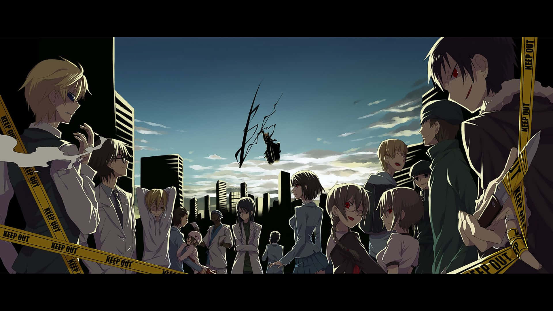 durarara 桌布 壁紙 — 動漫角色在城市景觀中看著一個黑色人影從天而降，而黃色警告膠帶阻擋了場景。
