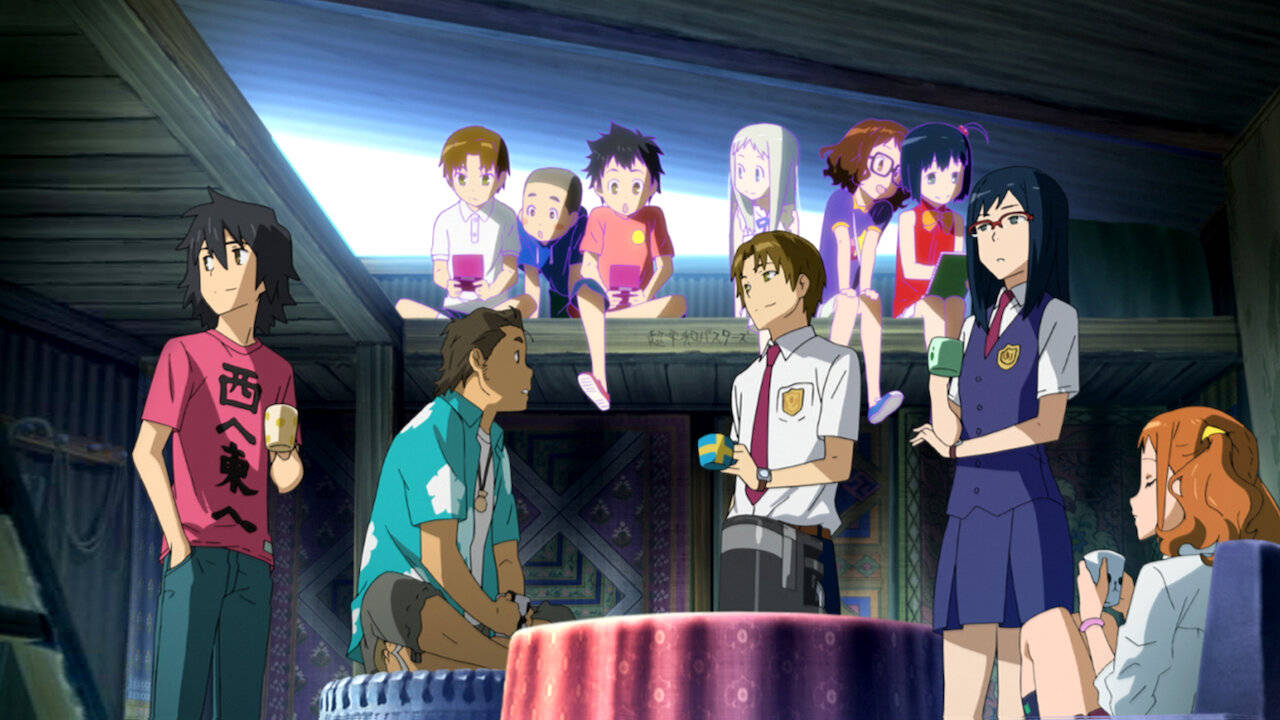 Anohana 桌布 壁紙 — 動漫角色在夜晚聚集在質樸的木屋中，在發光的天窗下拿著飲料。