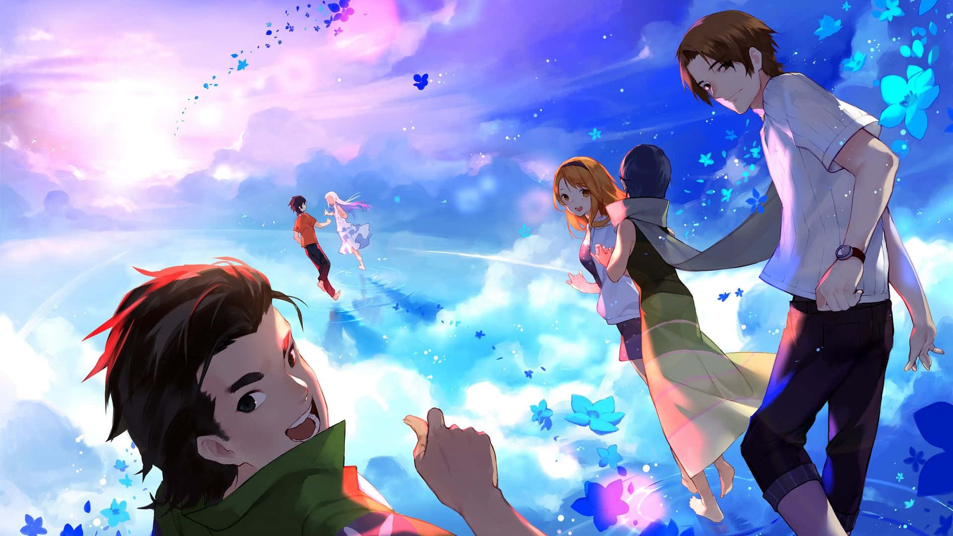 Anohana 桌布 壁紙 — 動漫角色在夢幻般的暮色天空下，漂浮並站立在發光的藍色蝴蝶之中。
