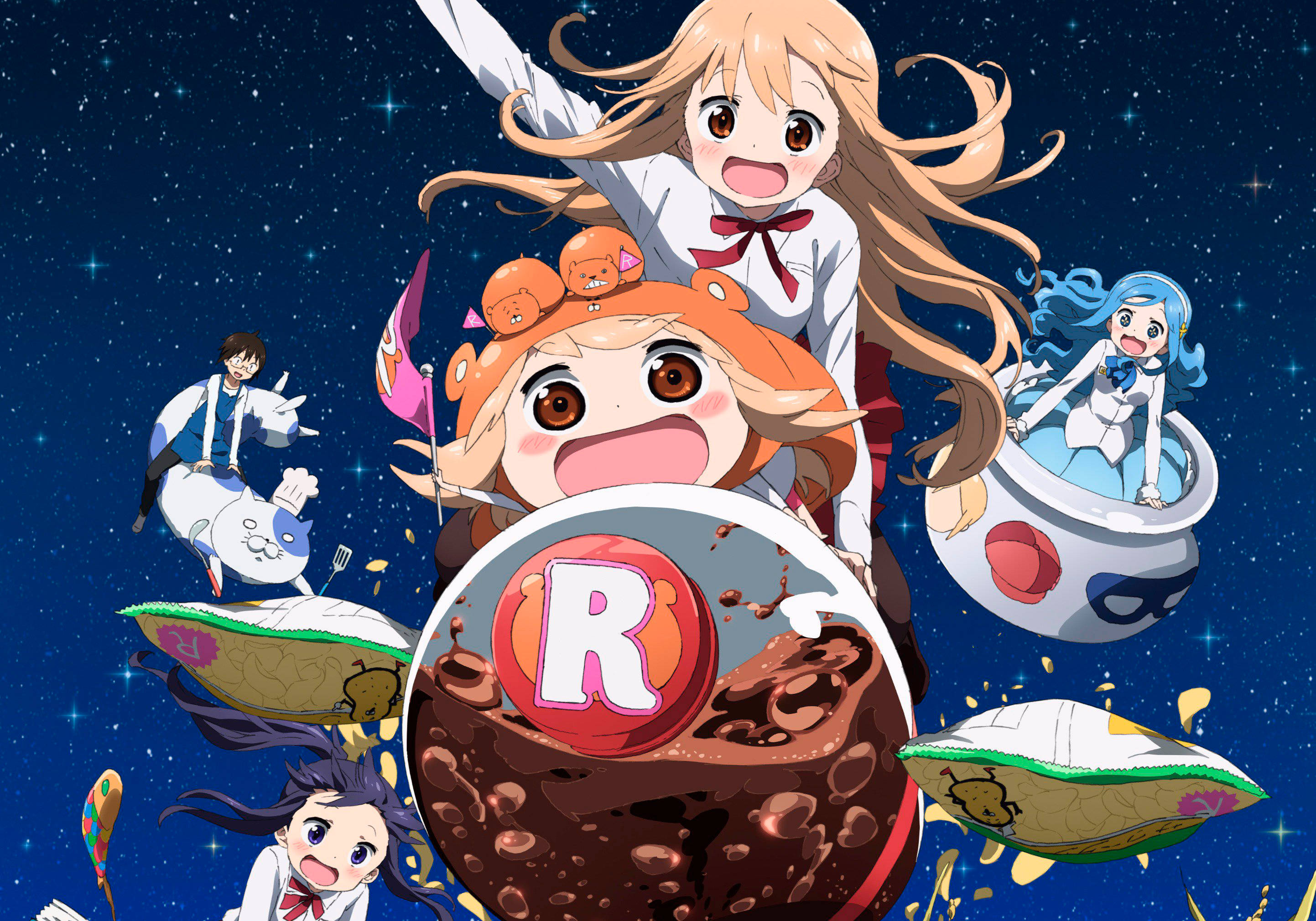 Umaru 桌布 壁紙 — 動漫角色在太空中圍繞著一個帶有 'R' 標誌的巨型巧克力甜點快樂地漂浮。