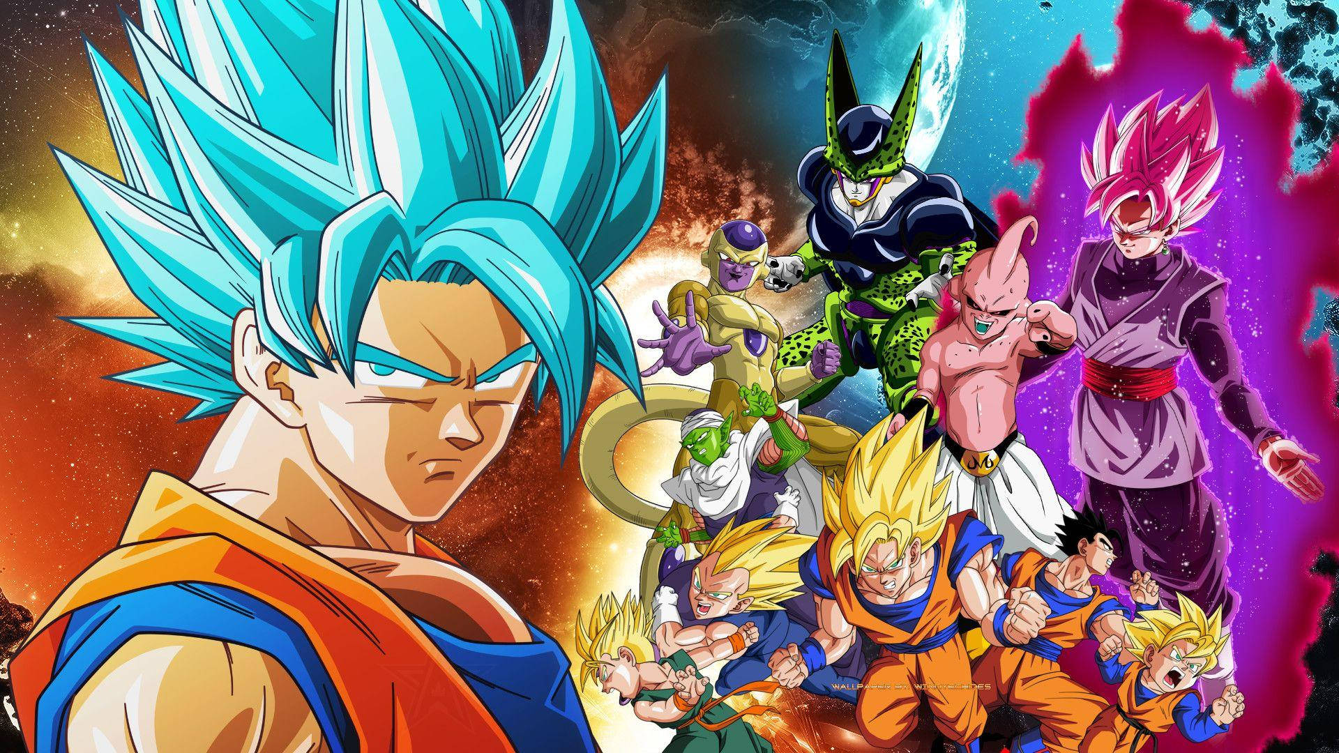 Goku Dragon Ball Super 桌布 壁紙 — 動漫角色在宇宙背景前擺出戰鬥姿勢，帶有充滿活力的能量效果。