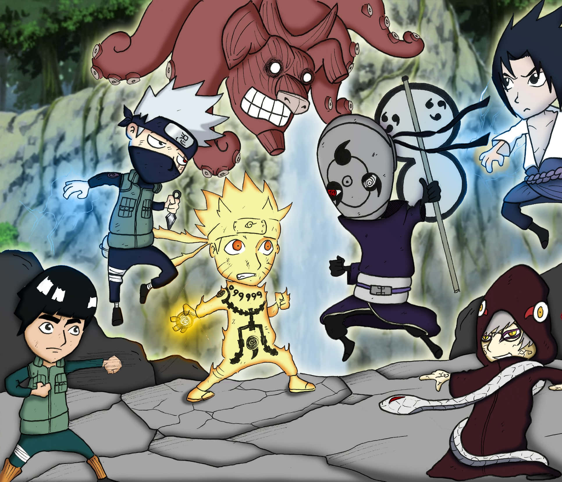 4th Great Ninja War 桌布 壁紙 — 動漫角色在岩石地形上與巨型怪物戰鬥，背景有瀑布。