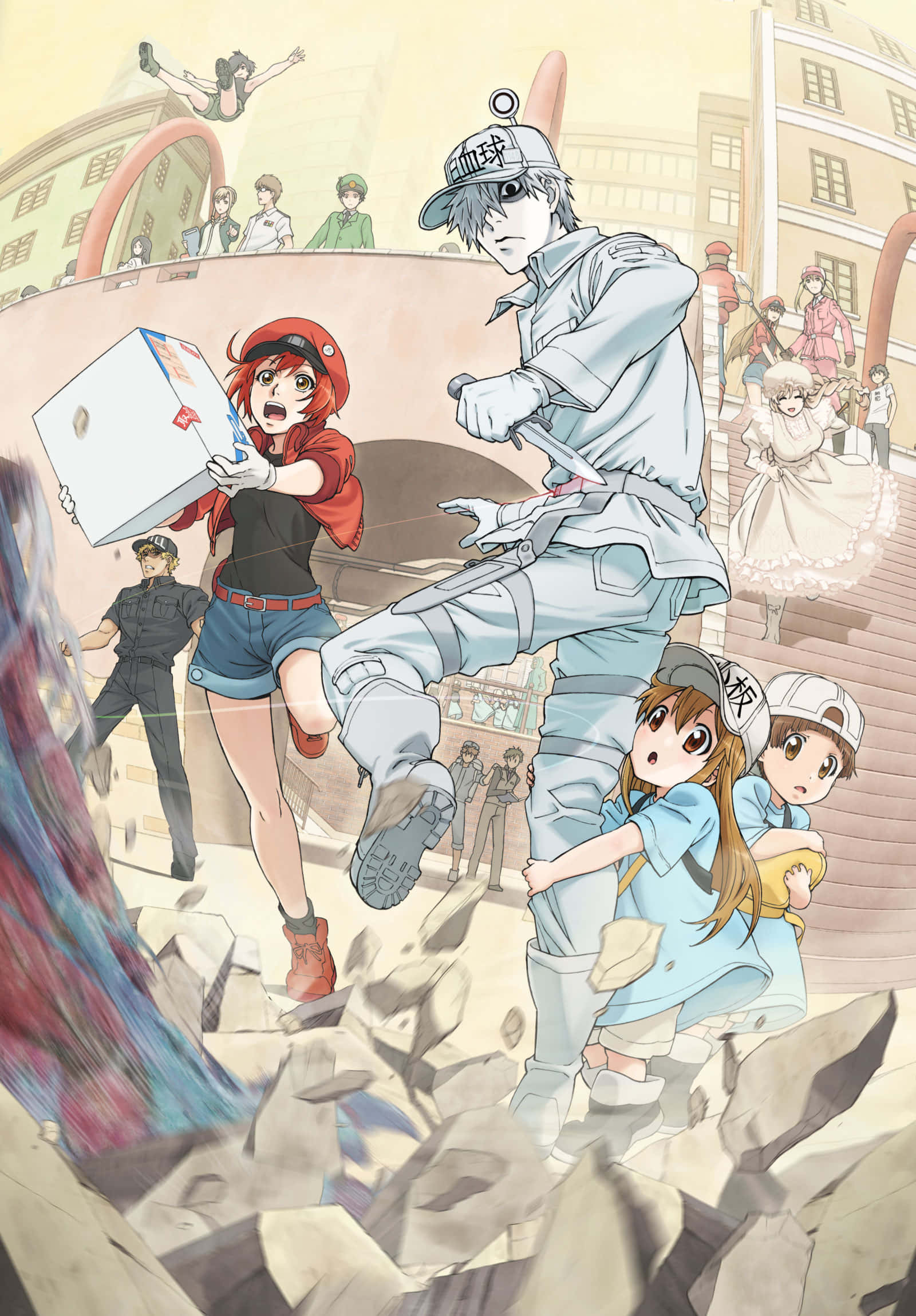Cells At Work 桌布 壁紙 — 動漫角色在崩塌的瓦礫中動態行動，以城市為背景。