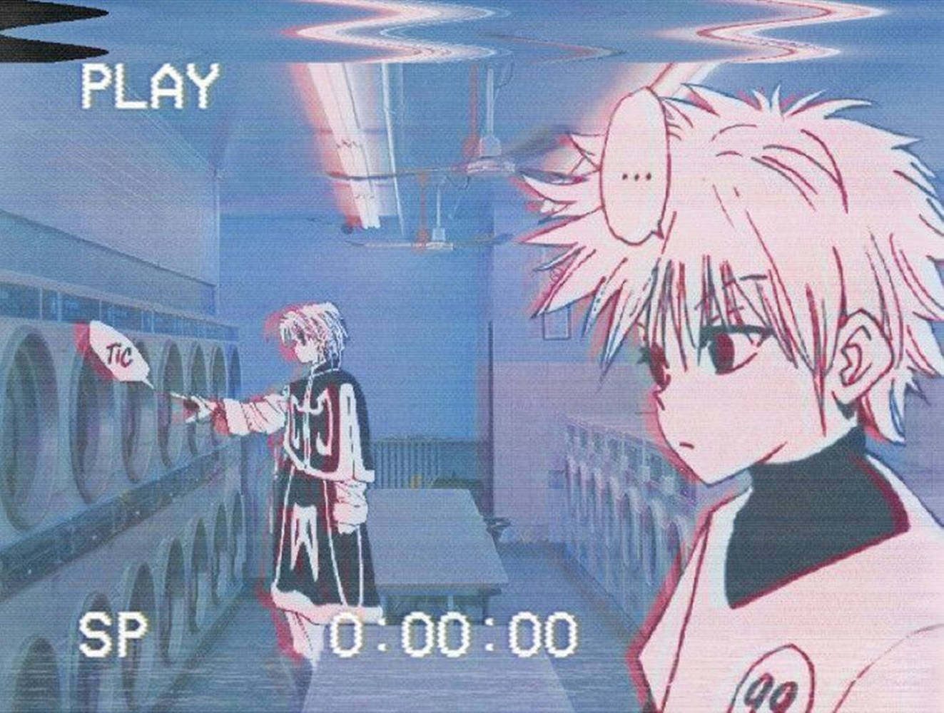 Killua Aesthetic 桌布 壁紙 — 動漫角色在帶有故障效果的VHS風格洗衣房，並有復古電玩覆蓋層。
