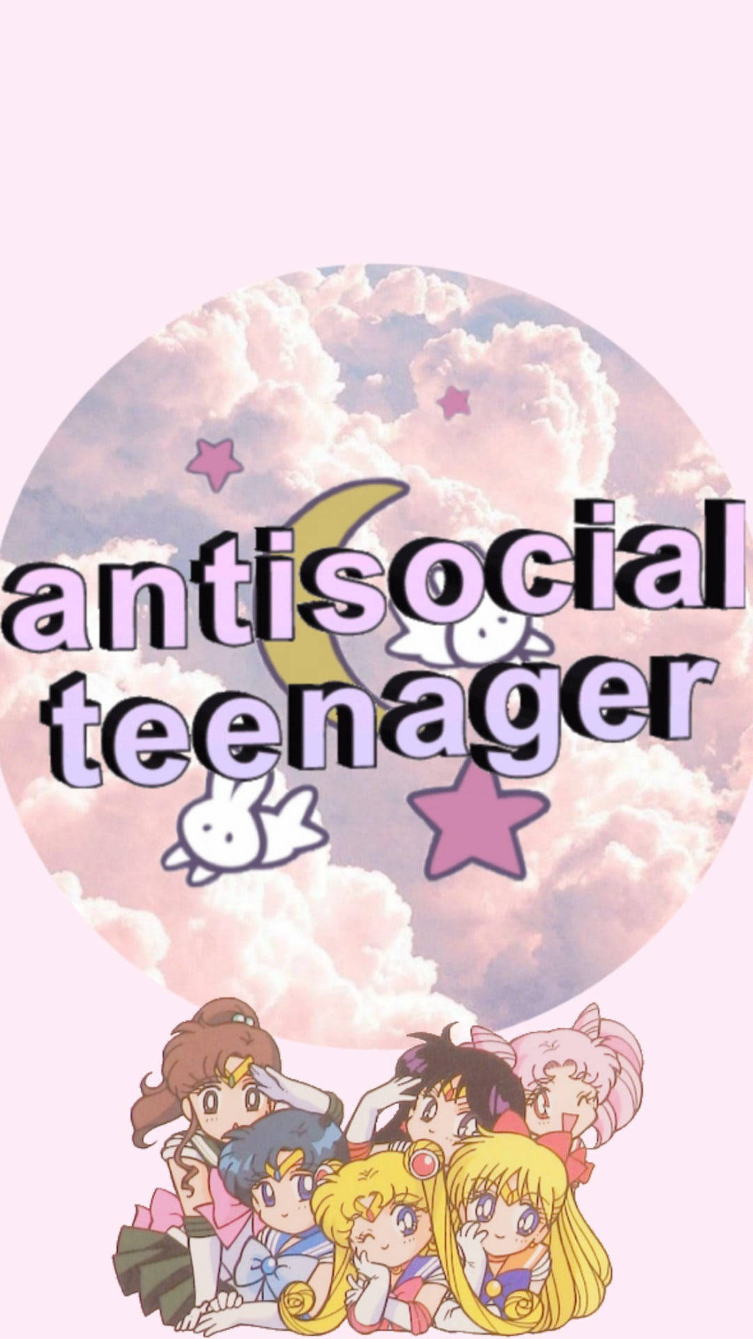 Social 桌布 壁紙 — 動漫角色在帶有星星和彎月的柔和天空下擠在一起。