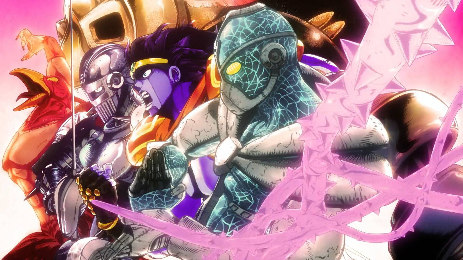 Jojo 桌布 壁紙 — 動漫角色在戰鬥中，帶有發光的粉紅色能量和破裂的盔甲，背景是充滿活力的粉紅色和紫色。