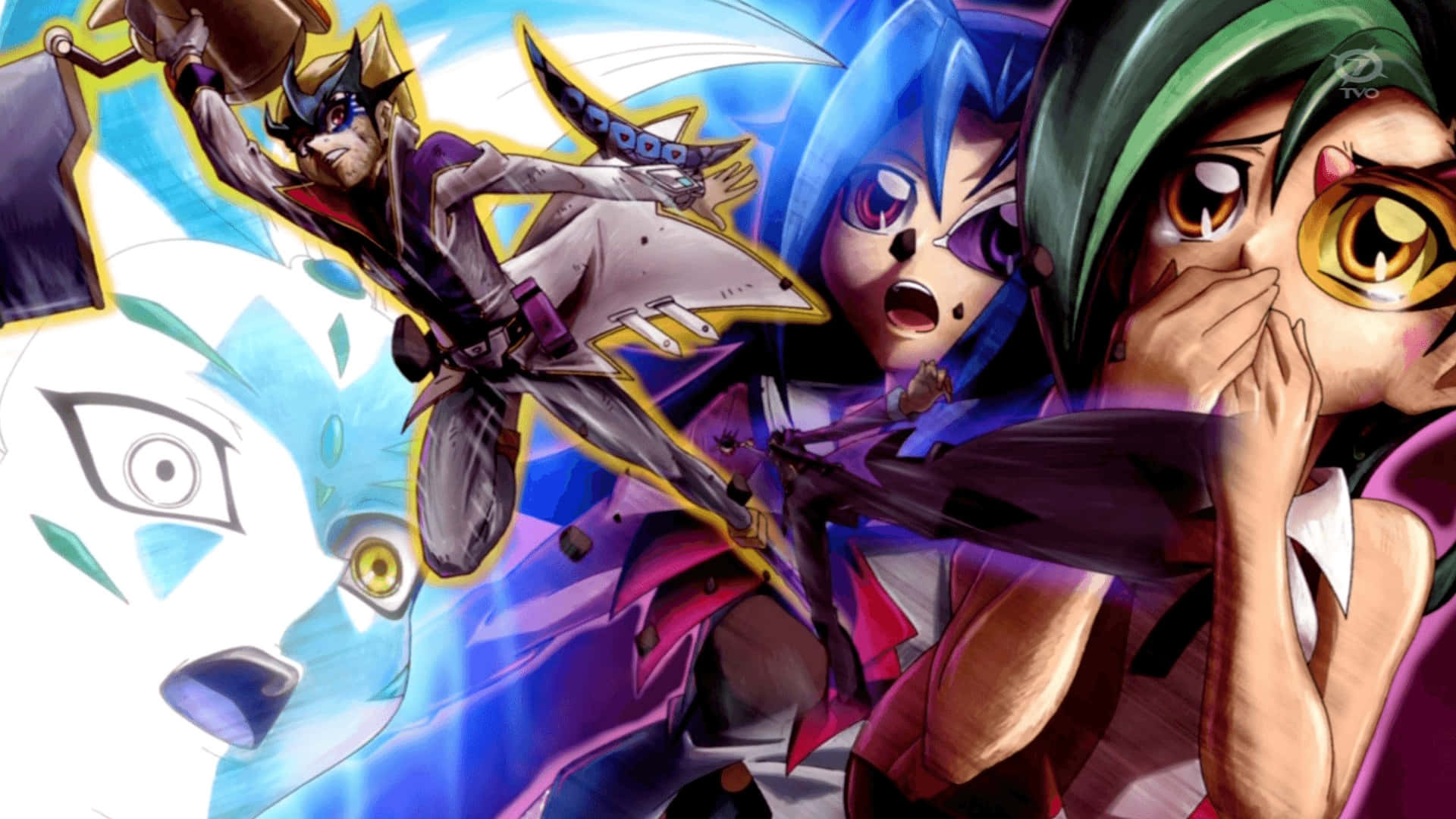 Yu-gi-oh Astral 桌布 壁紙 — 動漫角色在戰鬥中充滿活力，帶有鮮豔的能量效果和富有表現力的面孔，背景為風格化的藍色。