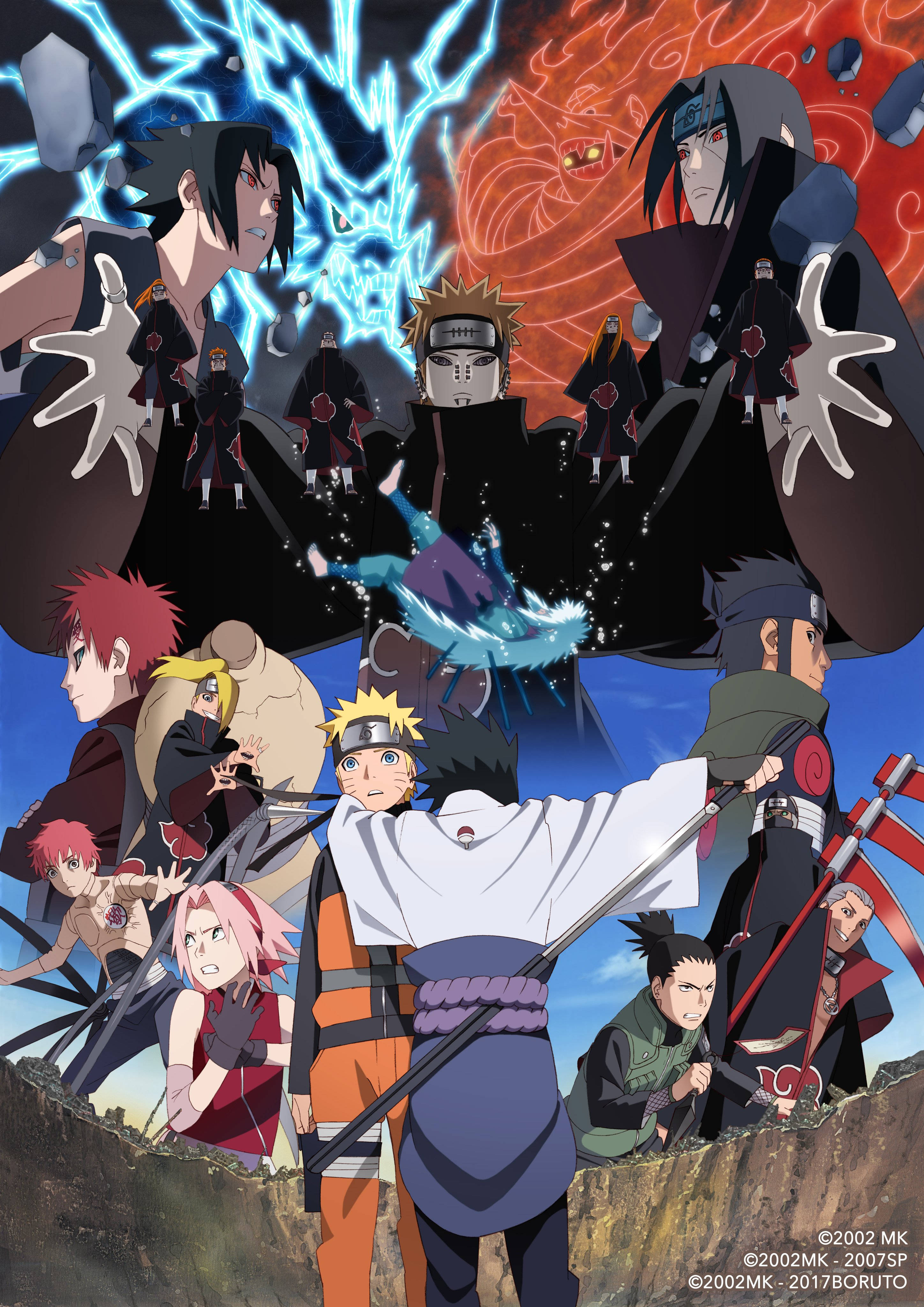 Naruto Shippuden Cool 桌布 壁紙 — 動漫角色在戲劇性的戰鬥中碰撞，藍色和紅色的查克拉能量在他們周圍爆炸。