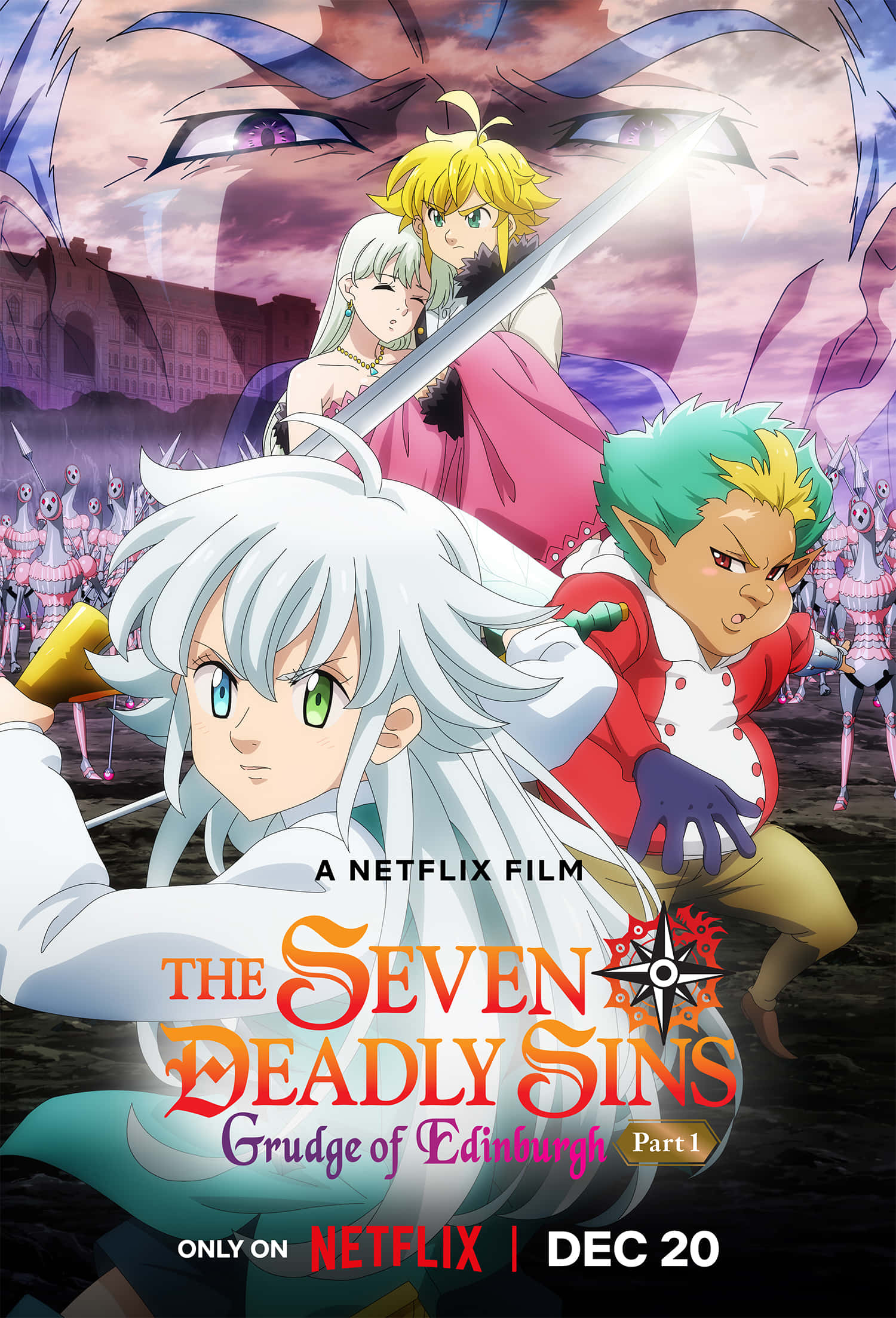 The Seven Deadly Sins 桌布 壁紙 — 動漫角色在戲劇性的紫色天空和城堡背景下擺出動態戰鬥姿勢。