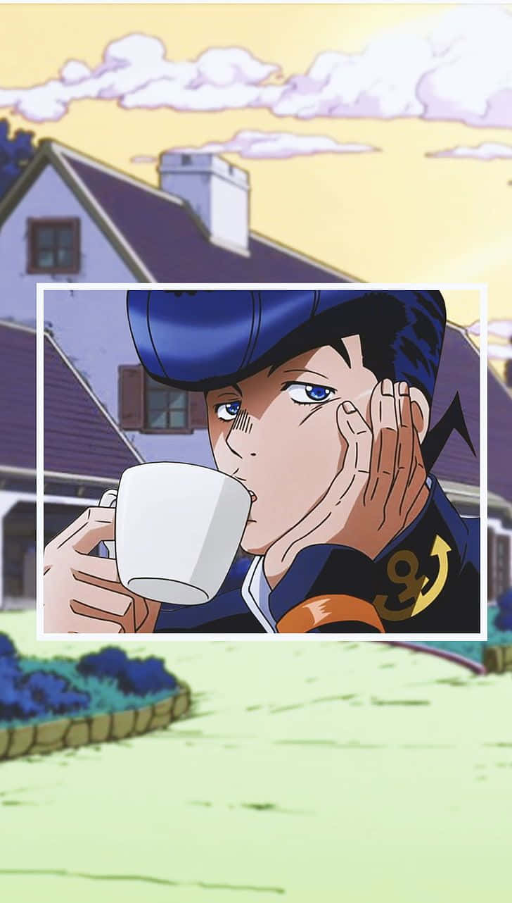 Jojo Manga 桌布 壁紙 — 動漫角色在戶外啜飲咖啡，背景有房屋和天空。