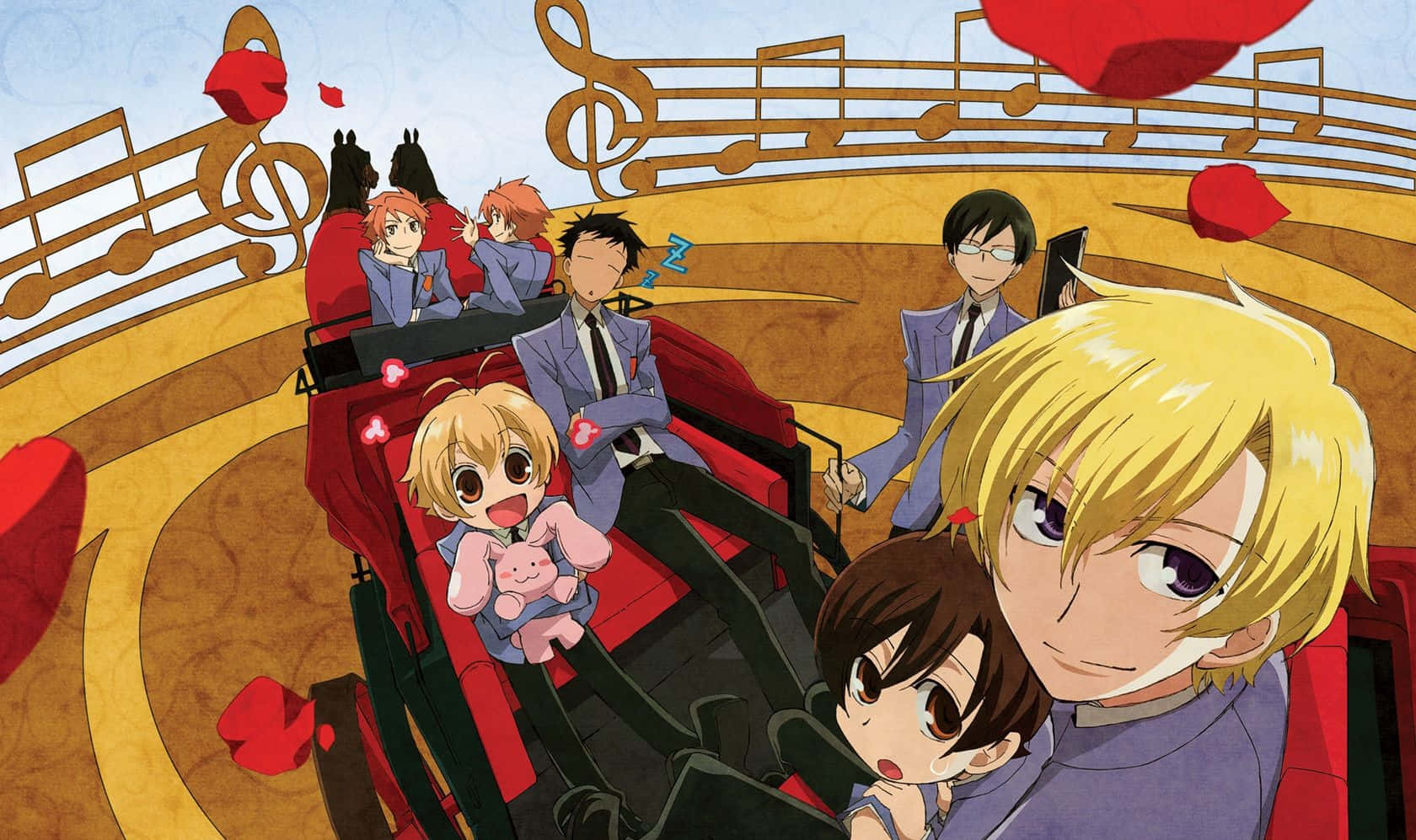Kaoru Hitachiin 桌布 壁紙 — 動漫角色在明亮的天空背景下，乘坐雲霄飛車穿梭於漂浮的紅色愛心和金色音符之間。