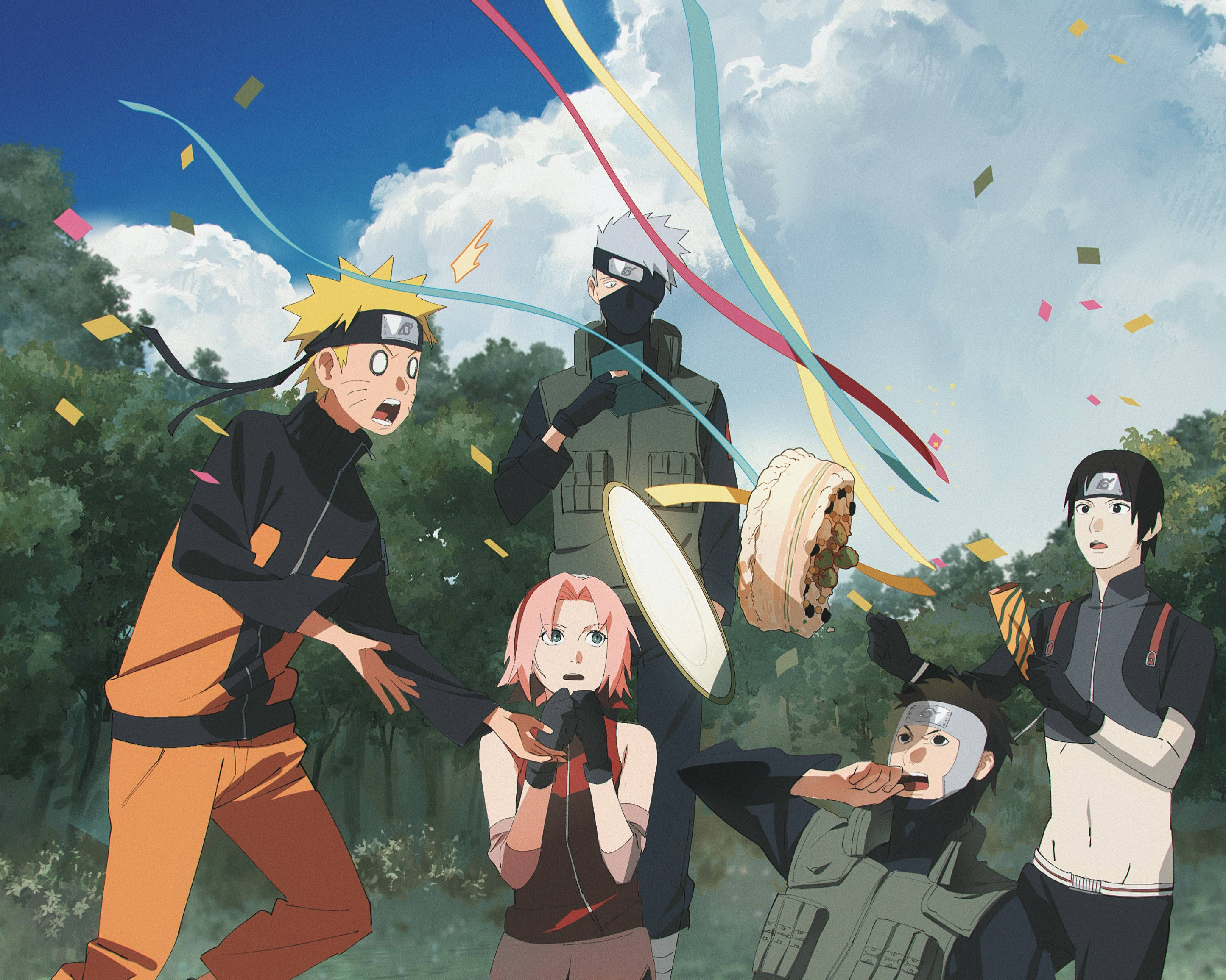 Naruto Kakashi 桌布 壁紙 — 動漫角色在明亮的藍天下用五彩紙屑和彩帶在戶外慶祝。