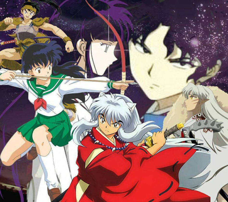 Inuyasha 桌布 壁紙 — 動漫角色在星光燦爛的紫色夜空下擺出戰鬥姿勢，帶有發光能量效果。