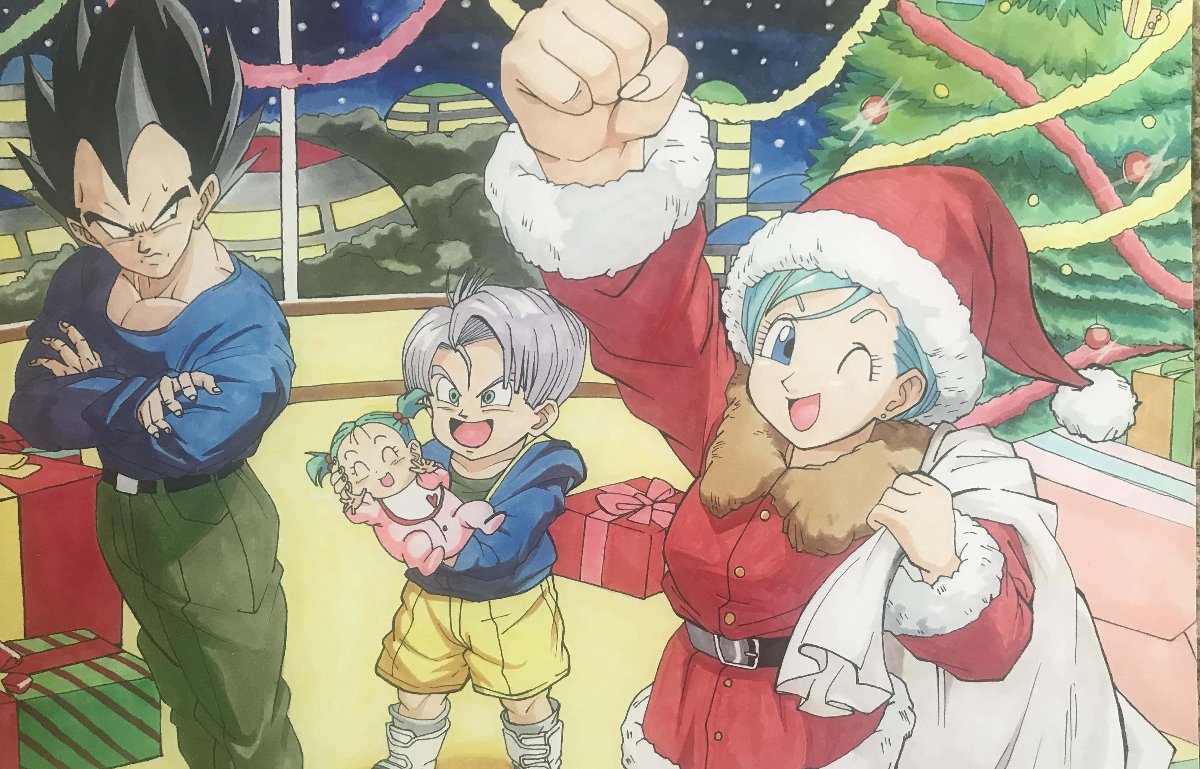 Vegeta's Family 桌布 壁紙 — 動漫角色在星空下以節日裝飾和禮物慶祝聖誕節。