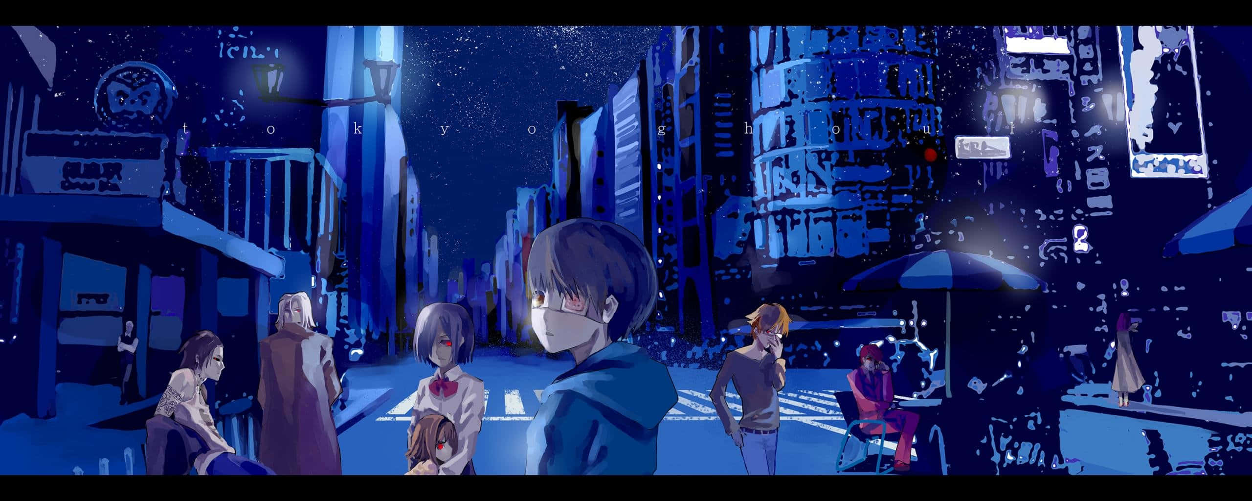 東京喰種 桌布 壁紙 — 動漫角色在星空下漫步於霓虹燈閃爍的賽博龐克城市景觀中。