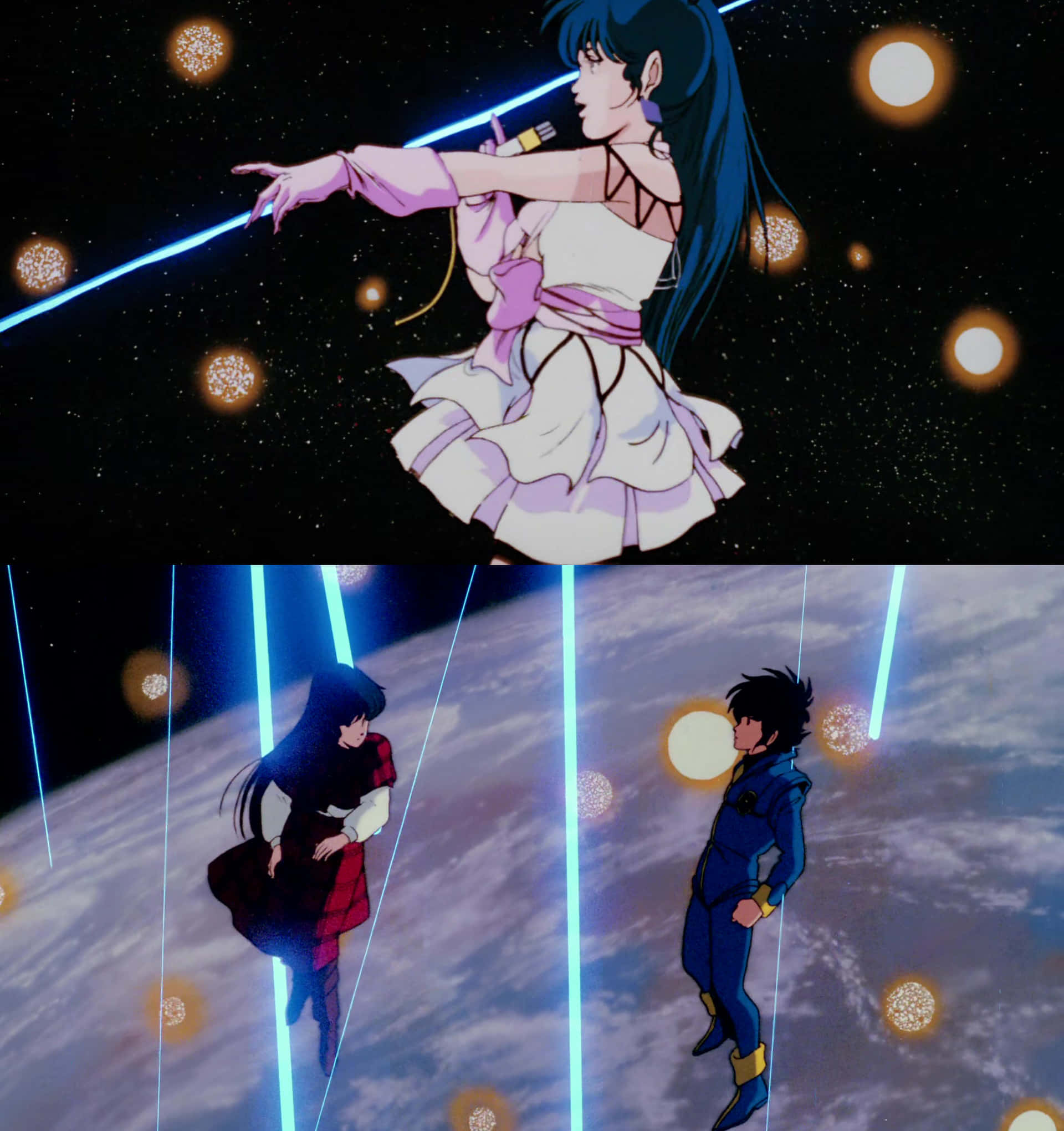 Macross 桌布 壁紙 — 動漫角色在星空背景下漂浮在太空中，伴隨著發光的球體和光束。